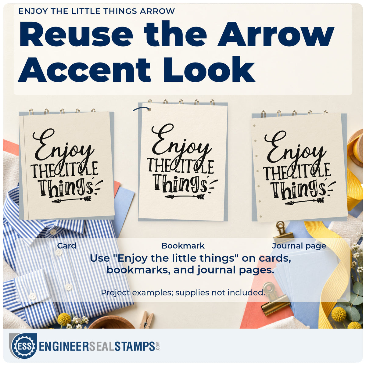Three project examples made with the Enjoy The Little Things Arrow Lettering Compact Pre-Inked Stamp – Slim, including build stage sheet.