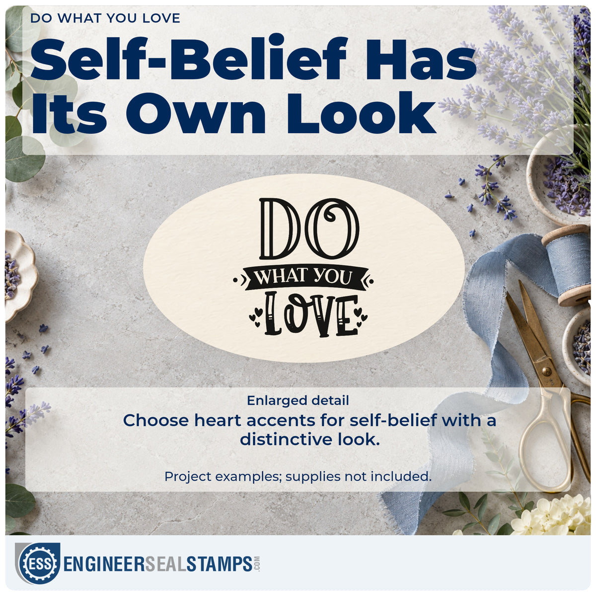Enlarged detail of the Do What You Love Premium Wooden Stamp – Vintage Pro imprint. The phrase "Do what you love" features large decorative letters, a ribbon banner, and small hearts.