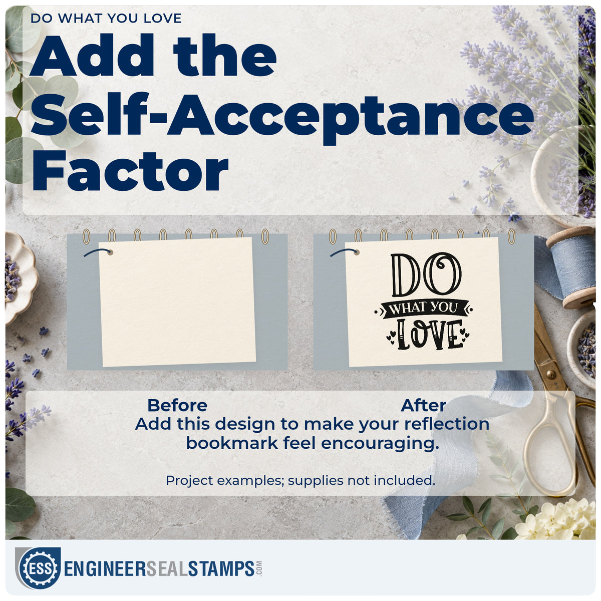 Before and after of a plain item finished with the Do What You Love Self-Inking Stamp, a quick upgrade for framed register nook.