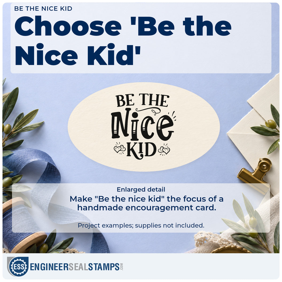 Enlarged detail of the Be The Nice Kid With Hearts Stamp – Duo Hand imprint. The words "Be the nice kid" appear in decorative lettering with outlined hearts and small rays.