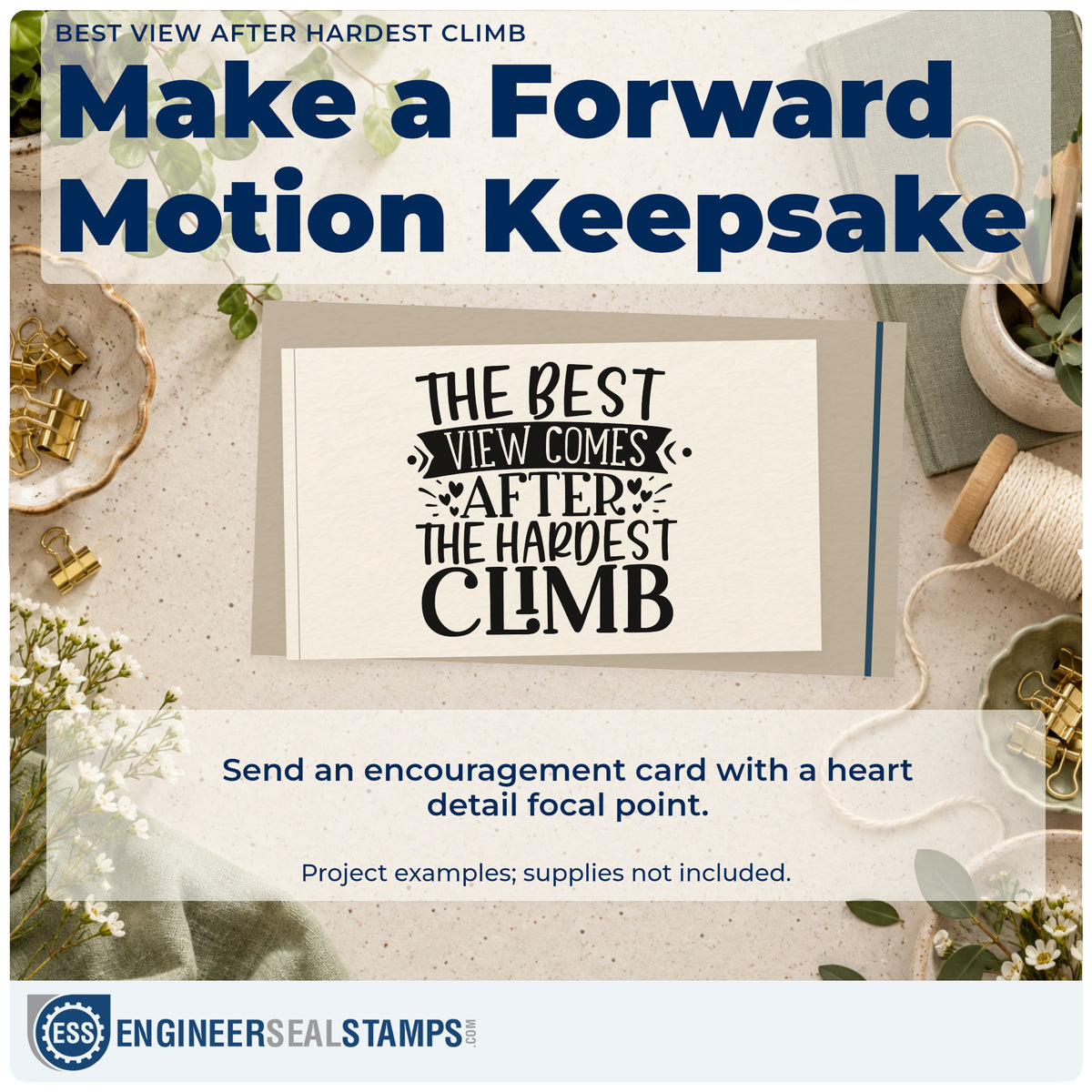 A finished handmade project stamped with the The Best View Comes After The Hardest Climb Stamp – Slim Pre-Inked, ideal for summit album page.