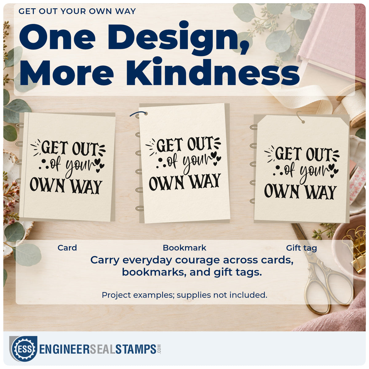 Three project examples made with the Get Out Of Your Own Way Hand Stamp – Duo, including daily word sheet.