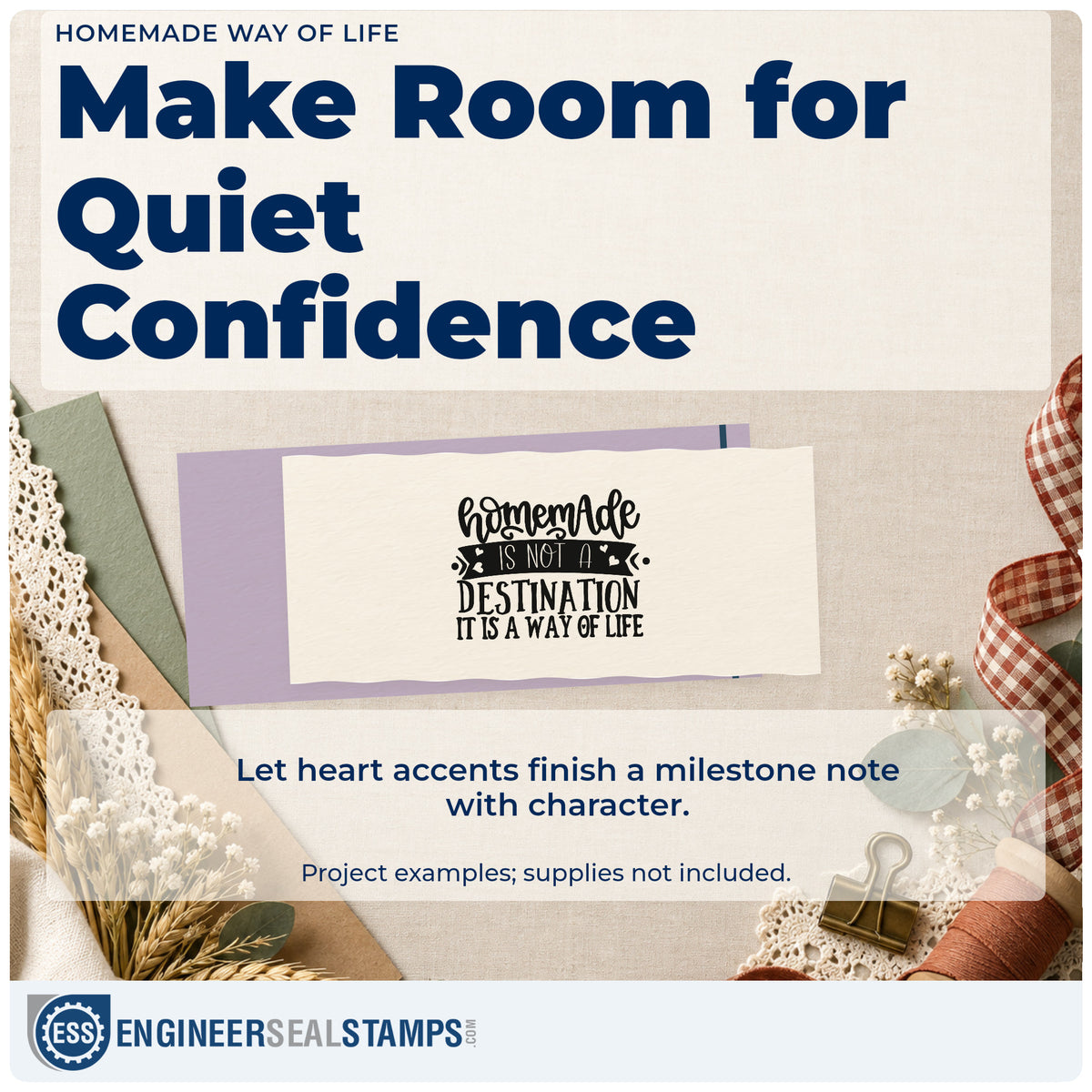 A finished handmade project stamped with the Homemade Way Of Life Compact Pre-Inked Stamp – Slim, ideal for market album page.