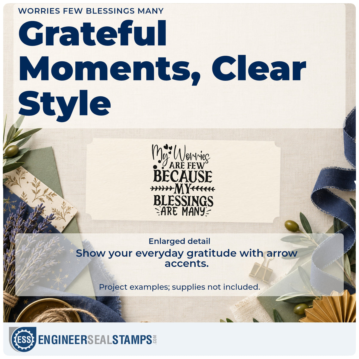 Enlarged detail of the Worries Few Blessings Many Rubber Stamp – Duo Hand imprint. The phrase "My worries are few because my blessings are many" includes hearts, dots, and opposing leafy arrows.