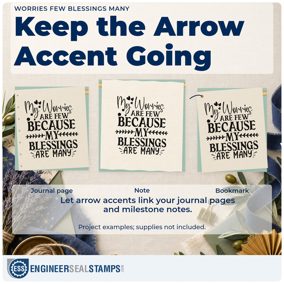Three project examples made with the Worries Few Blessings Many Rubber Stamp – Duo Hand, including dish assign sheet.