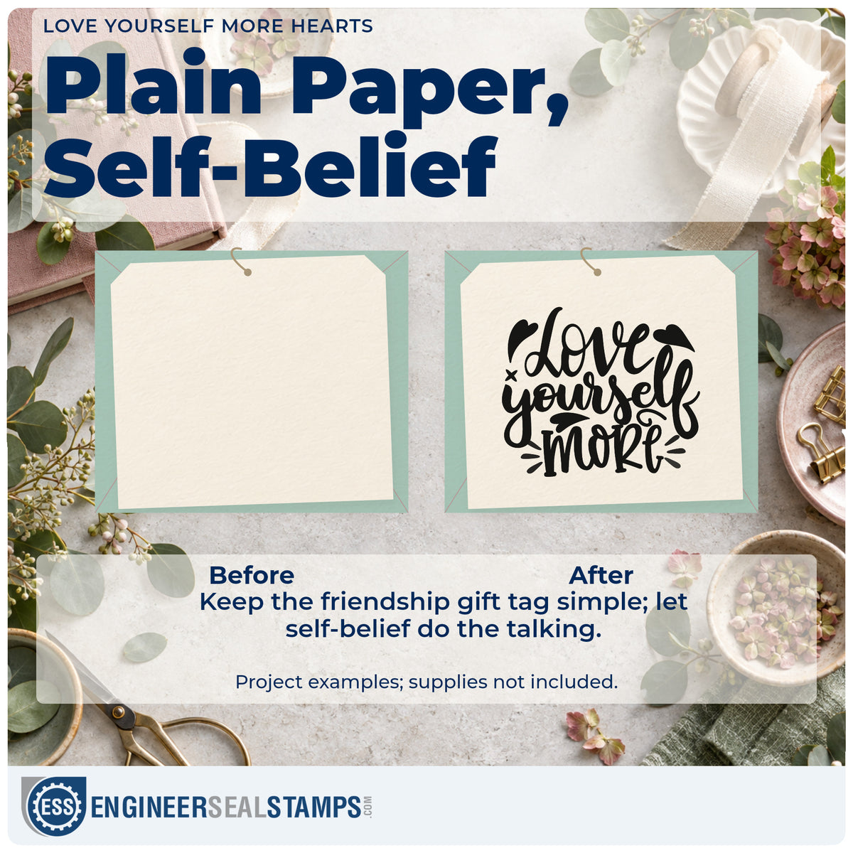 Before and after of a plain item finished with the Vintage Pro Love Yourself More Hearts Premium Wooden Stamp, a quick upgrade for framed studio entry.