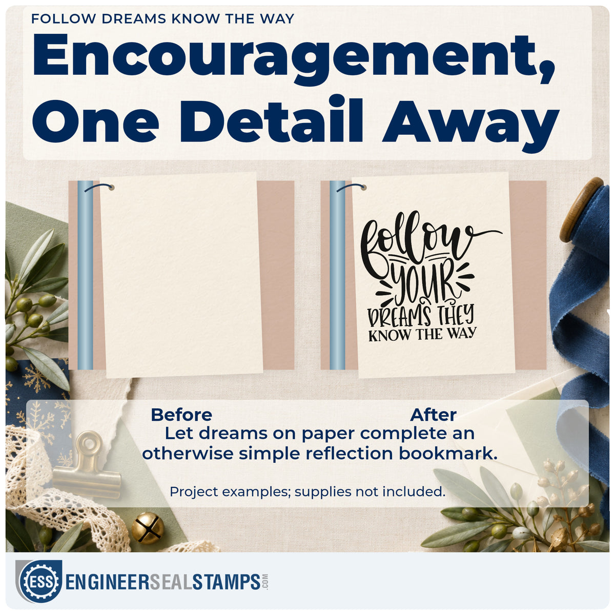 Before and after of a plain item finished with the Follow Dreams Know The Way Stamp – Premium Vintage Pro Wooden, a quick upgrade for framed bedside shelf.