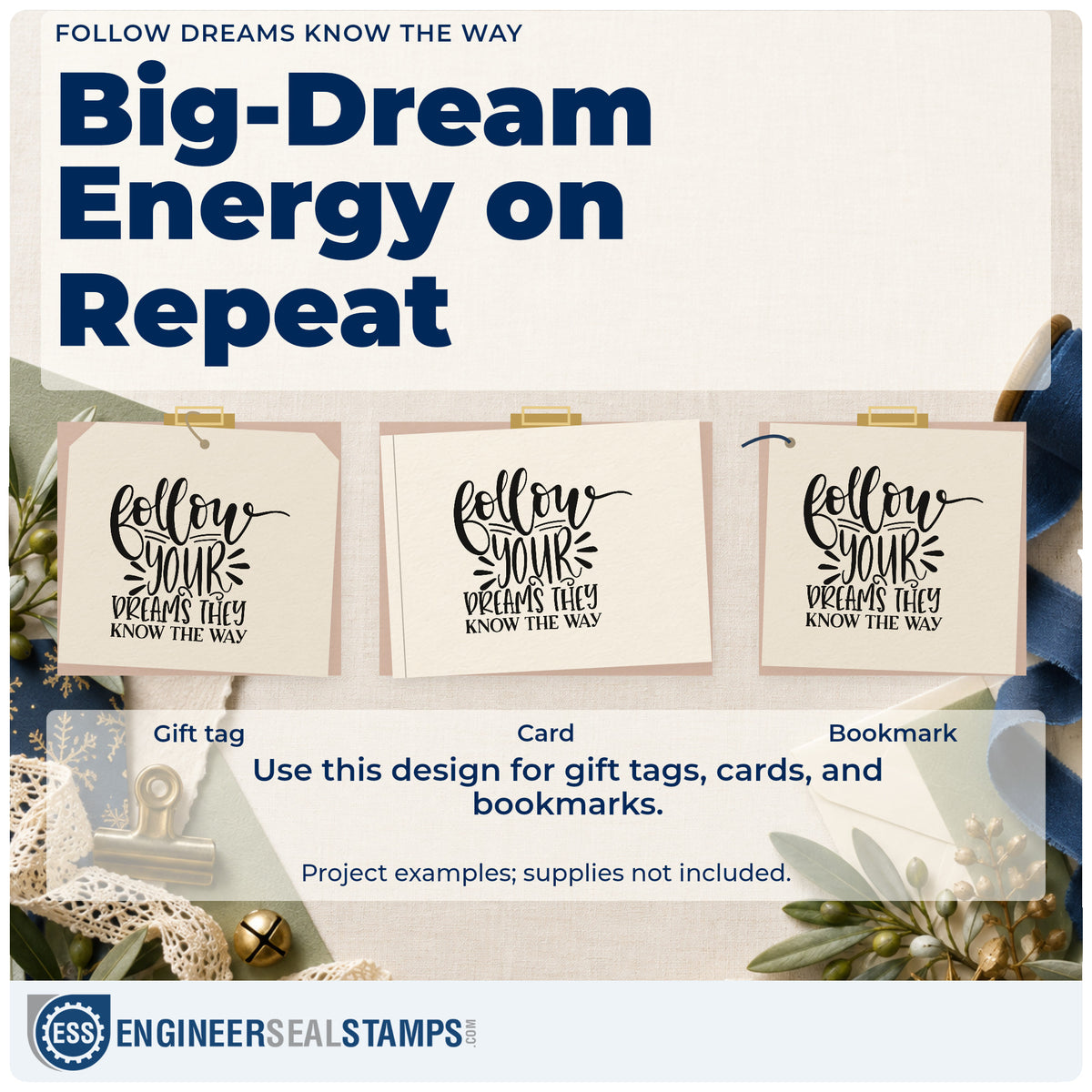 Three project examples made with the Duo Hand Follow Dreams Know The Way Rubber Stamp, including night log sheet.
