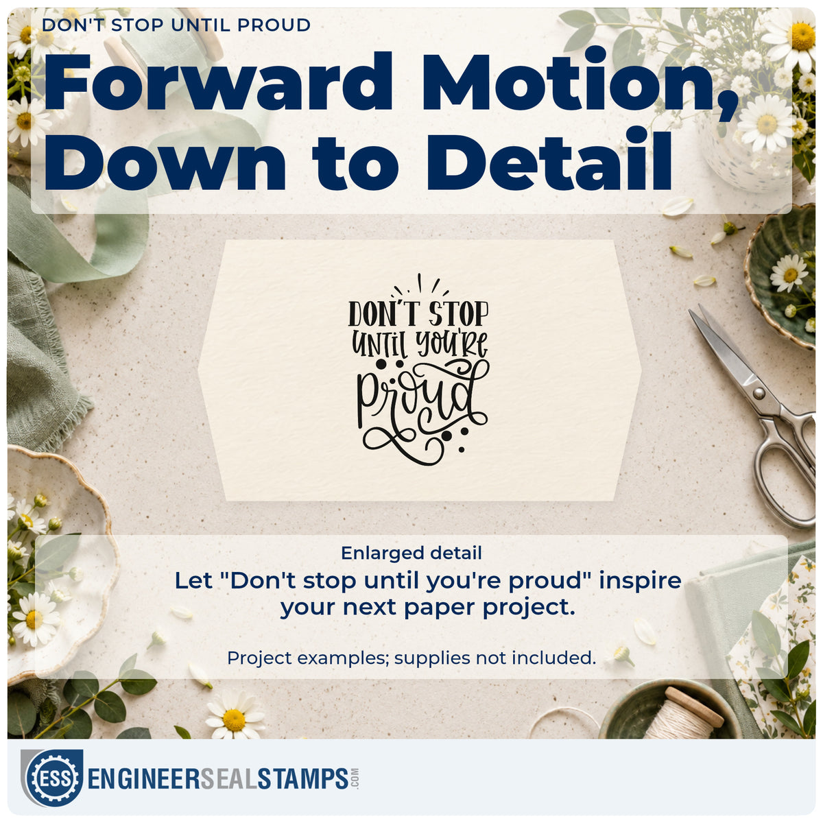 Enlarged detail of the Don't Stop Until You're Proud Premium Wooden Stamp – Vintage Pro imprint. The words "Don't stop until you're proud" appear in mixed lettering with dots and looping flourishes.