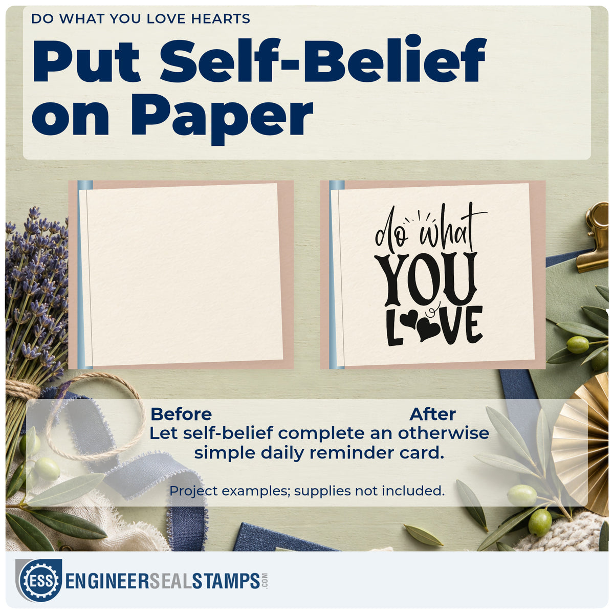 Before and after of a plain item finished with the Do What You Love Heart Accents Pre-Inked Stamp – PSI, a quick upgrade for framed pass rail.