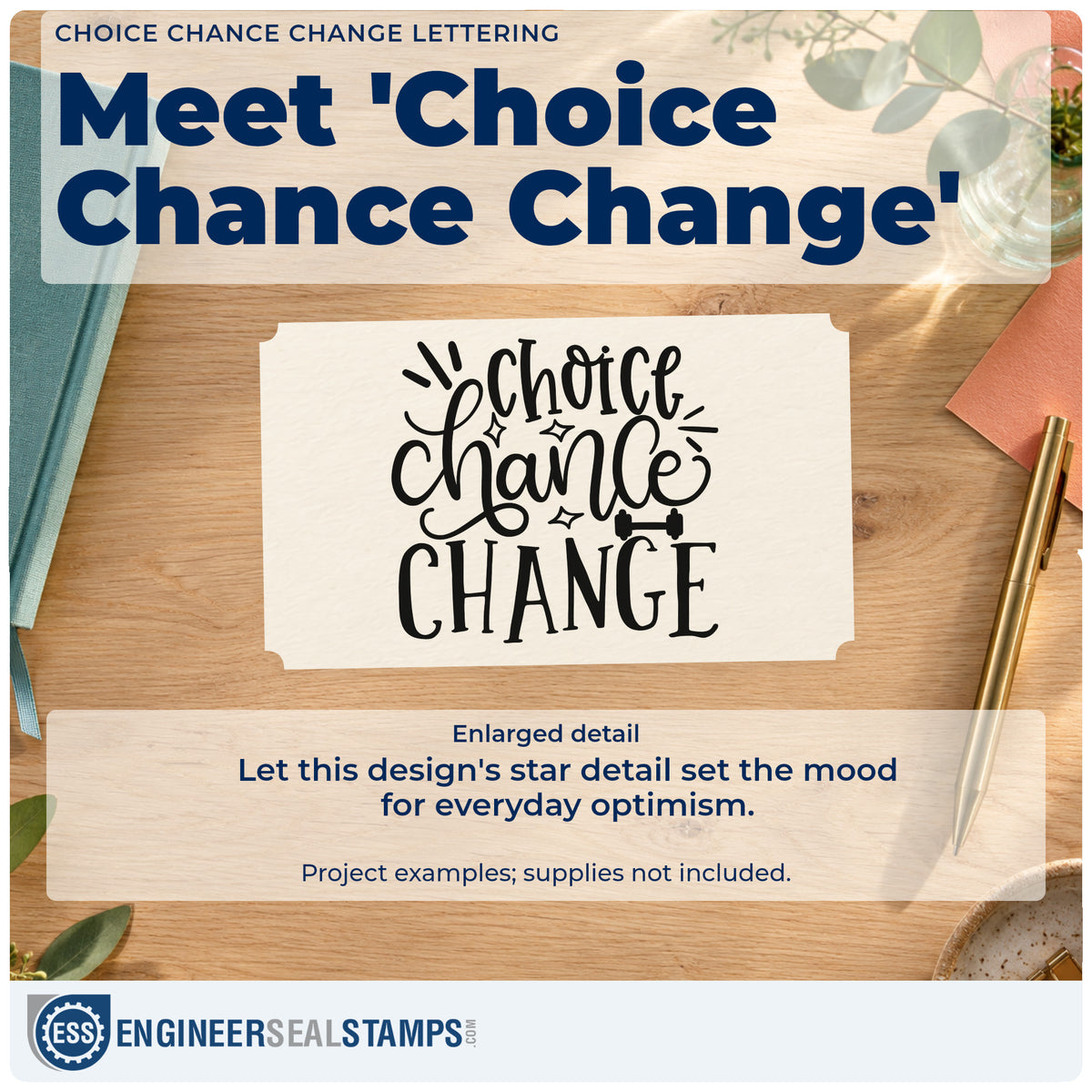 Enlarged detail of the Choice Chance Change Stamp – Premium Vintage Pro Wooden imprint. The words "choice chance change" appear in flowing script and tall capitals with rays and small sparkles.
