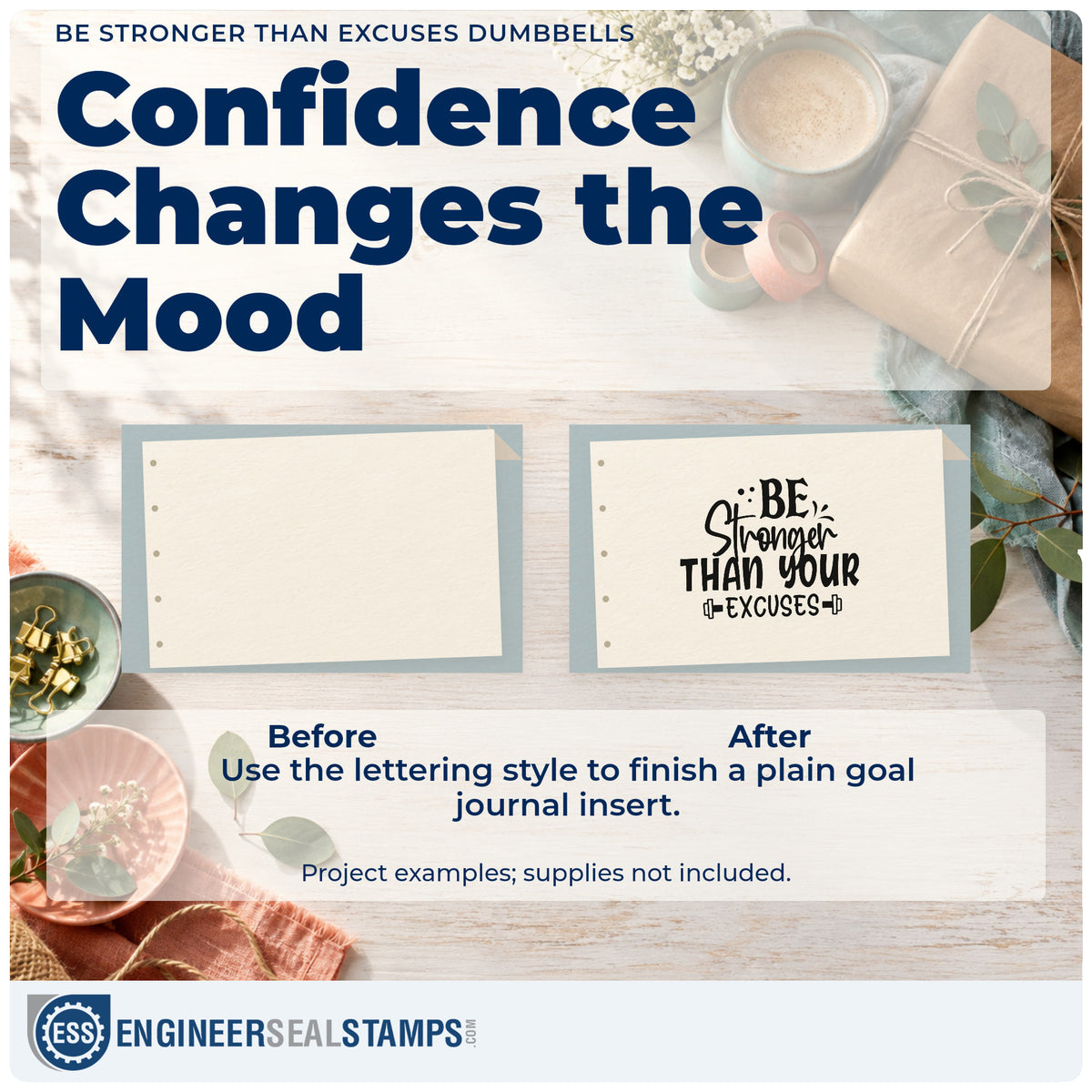 Before and after of a plain item finished with the Be Stronger Than Excuses Dumbbells Wood-Mounted Rubber Stamp, a quick upgrade for framed studio wall.