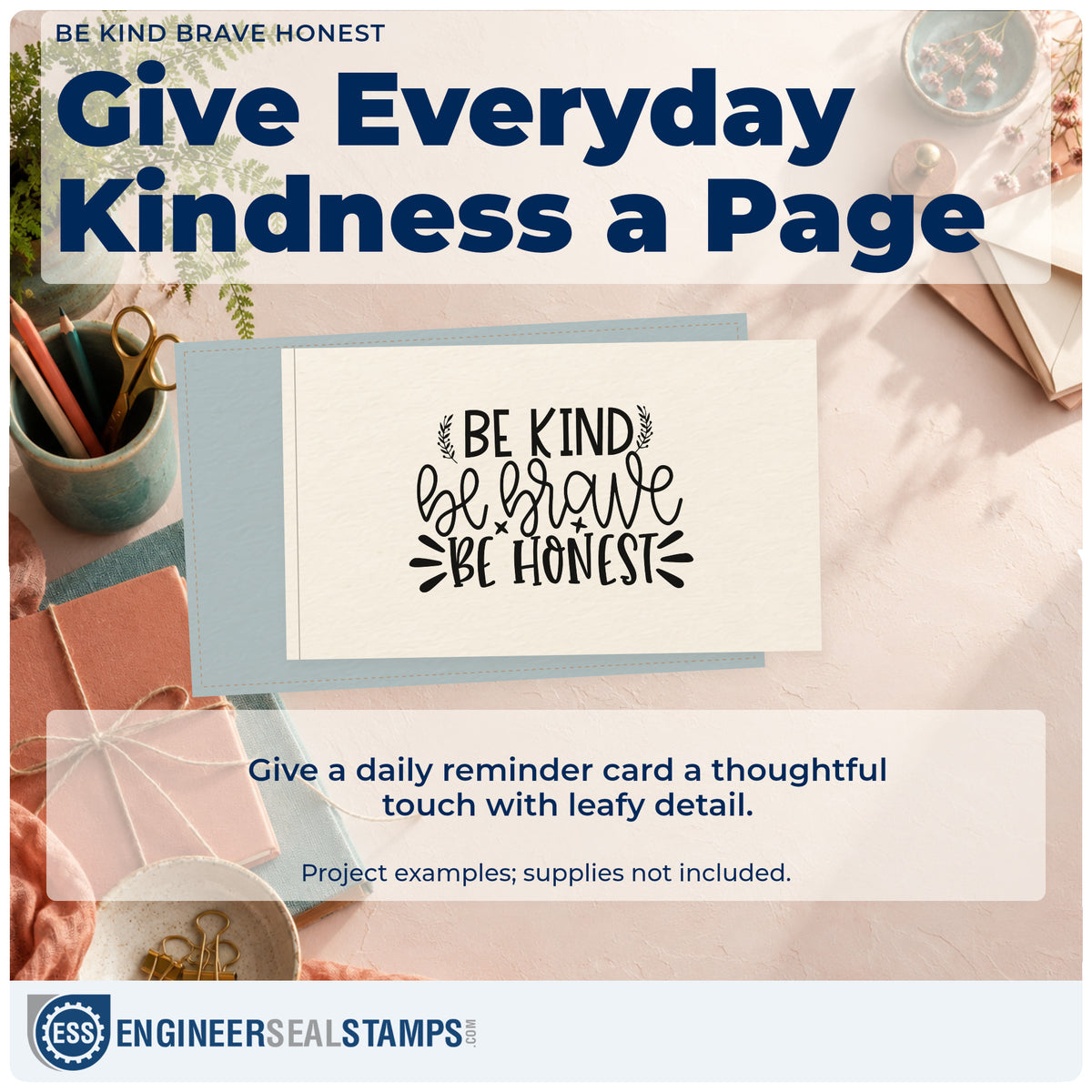 A finished handmade project stamped with the Be Kind Brave Honest Botanical Sprig Stamp – Duo Hand, ideal for troop year album page.