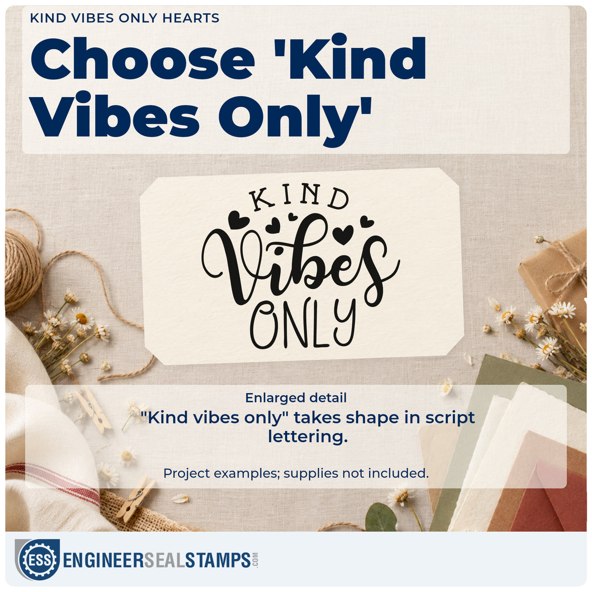 Enlarged detail of the Kind Vibes Only Hearts Premium Wooden Stamp – Vintage Pro imprint. The words "Kind vibes only" appear in mixed script and capitals with small solid hearts.