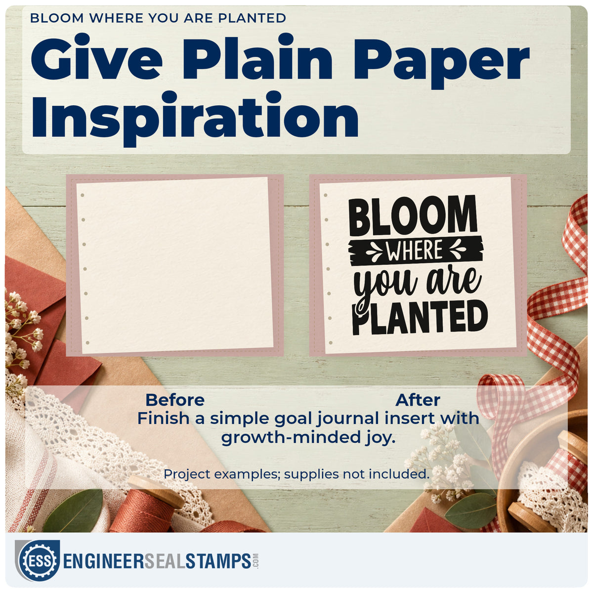 Before and after of a plain item finished with the Bloom Where You Are Planted Leaf Accents PSI Pre-Inked Stamp, a quick upgrade for framed shop bench.