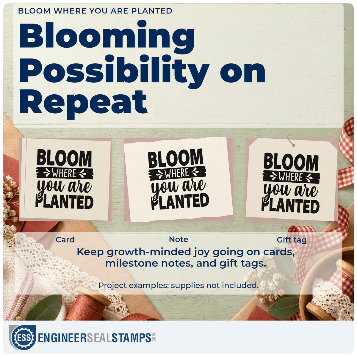 Three project examples made with the Bloom Where You Are Planted Leaf Accents PSI Pre-Inked Stamp, including water week sheet.