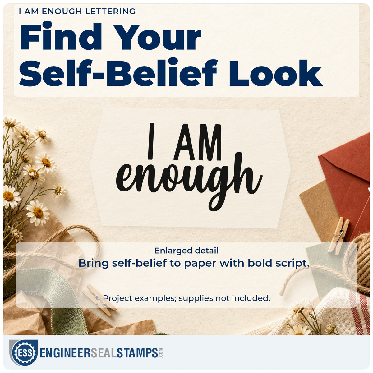 Enlarged detail of the I Am Enough Rubber Stamp – Duo Hand imprint. The words "I am enough" combine plain capitals and bold brush script.
