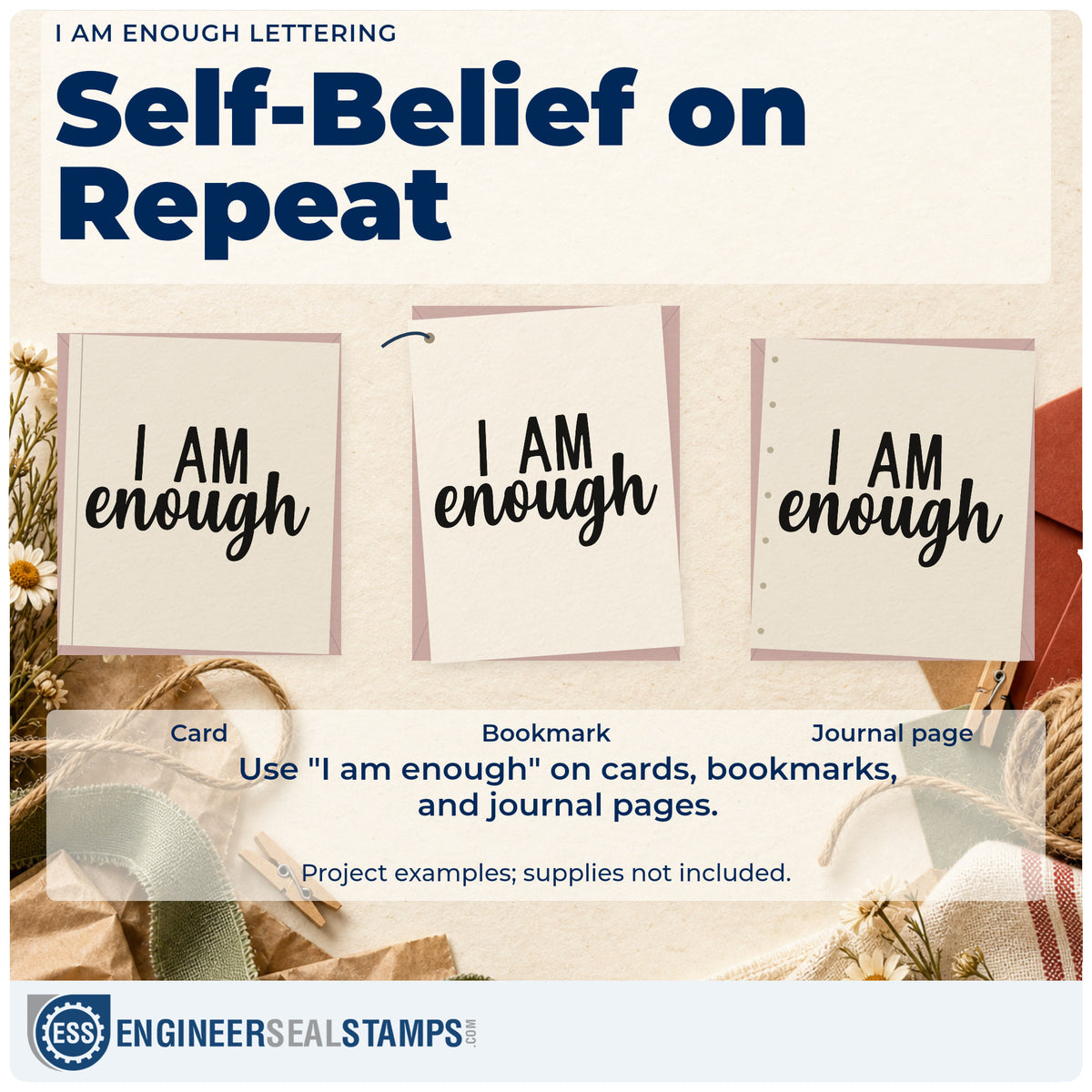 Three project examples made with the I Am Enough Rubber Stamp – Duo Hand, including session topic sheet.