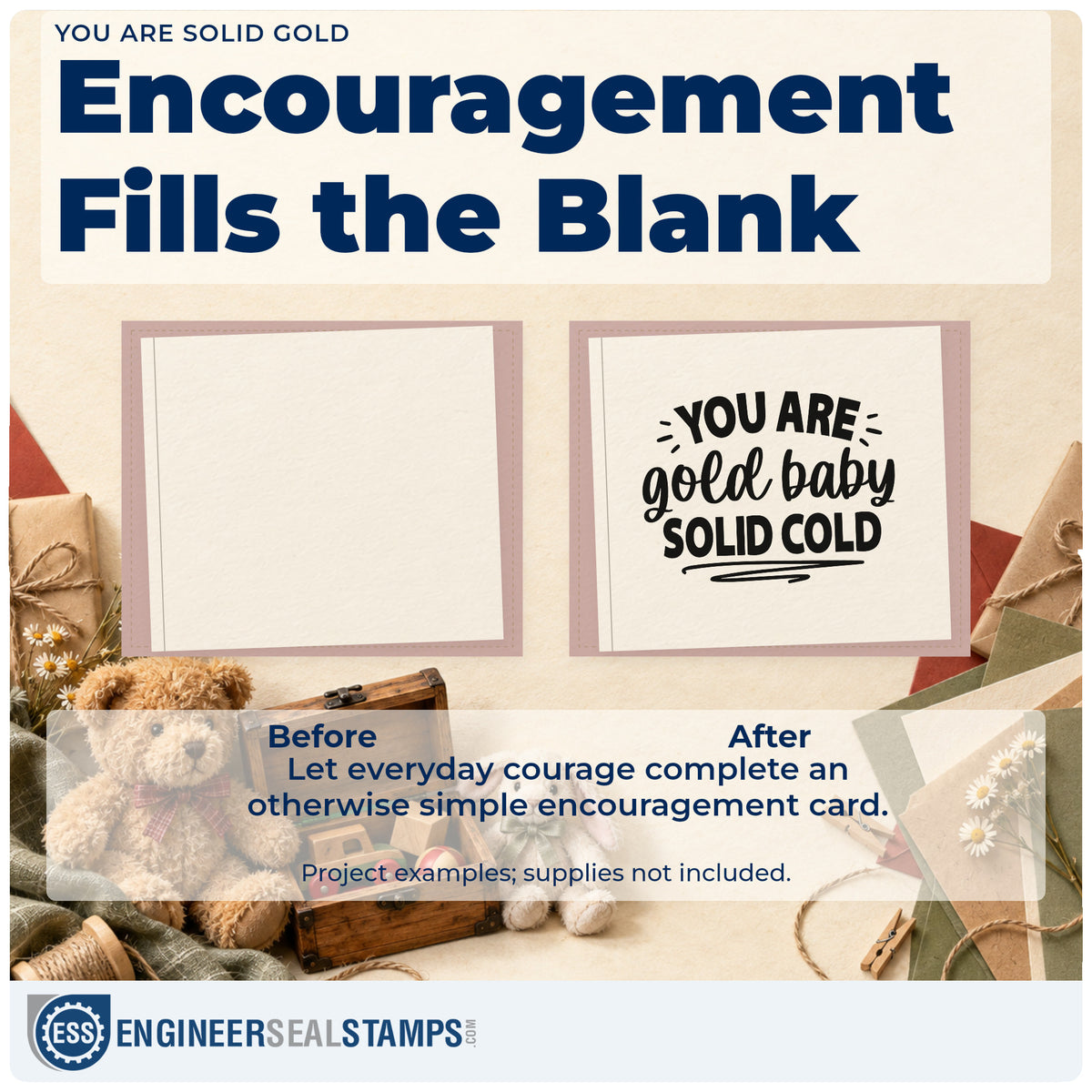 Before and after of a plain item finished with the You Are Gold Baby Solid Gold Premium Wood-Mounted Stamp – Vintage Pro, a quick upgrade for framed party corner.