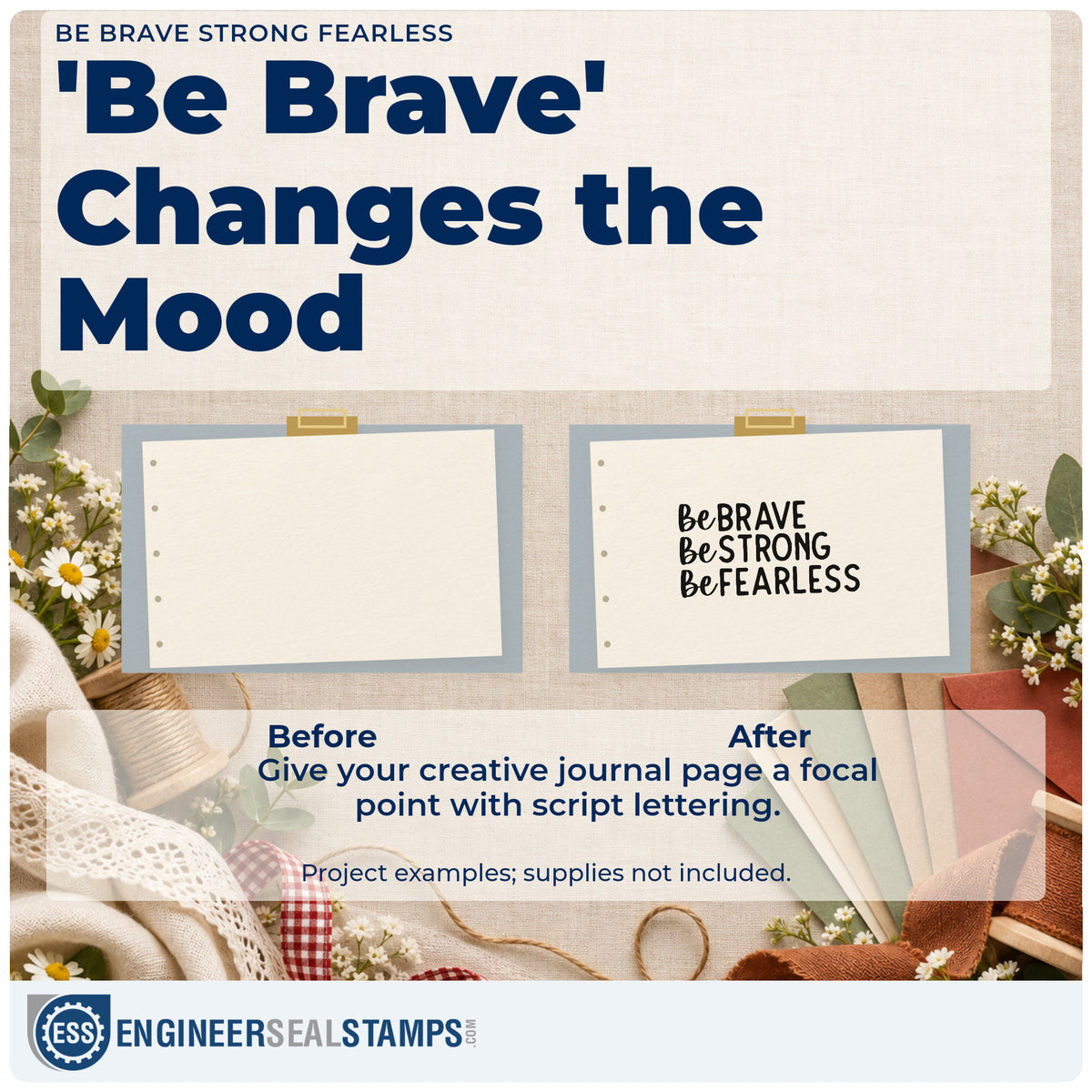 Before and after of a plain item finished with the Be Brave Strong Fearless Script Lettering Rubber Stamp – Duo Hand, a quick upgrade for framed station kitchen.