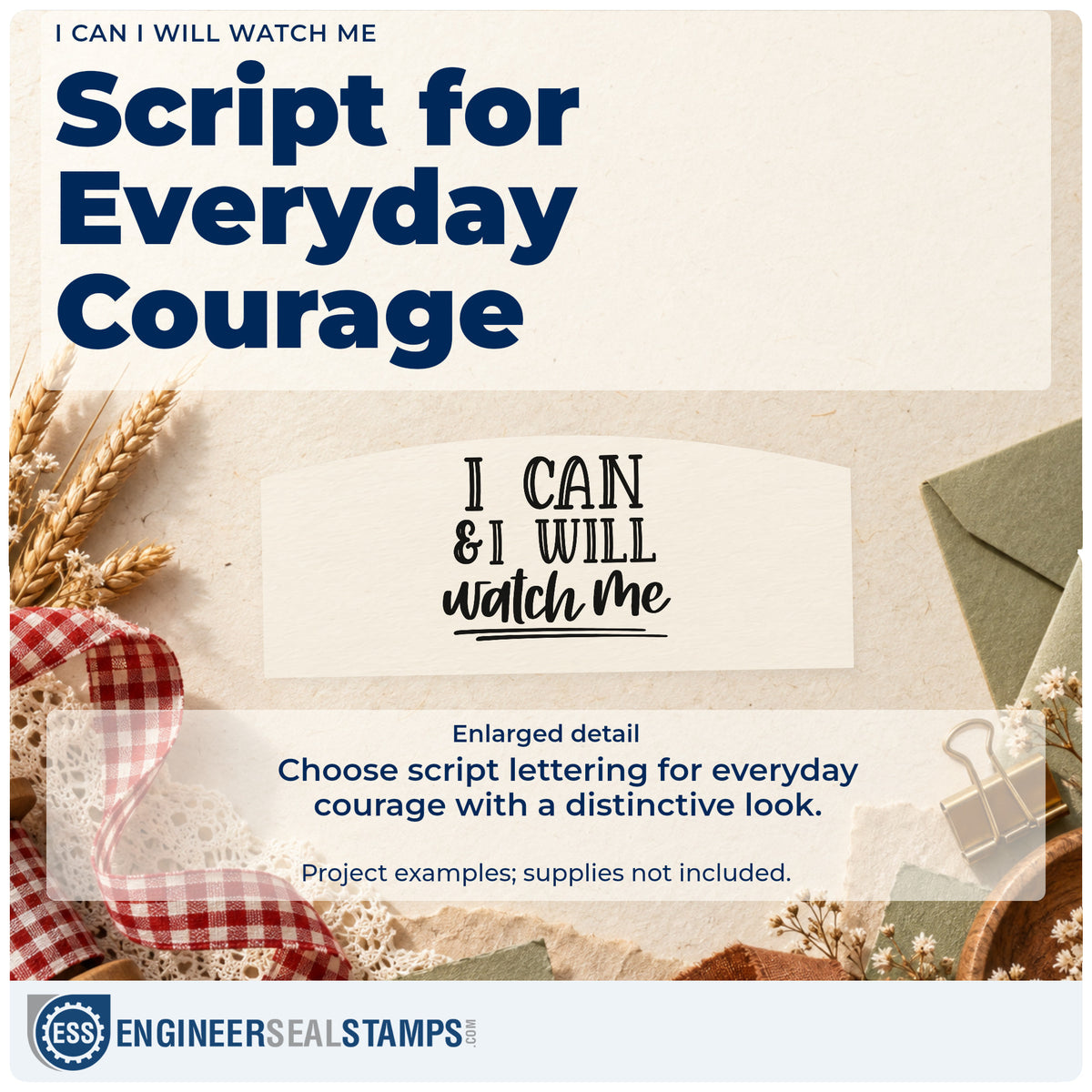 Enlarged detail of the I Can & I Will Watch Me Pre-Inked Stamp – Slim imprint. The phrase "I can & I will watch me" combines decorative capitals and script with underlines.