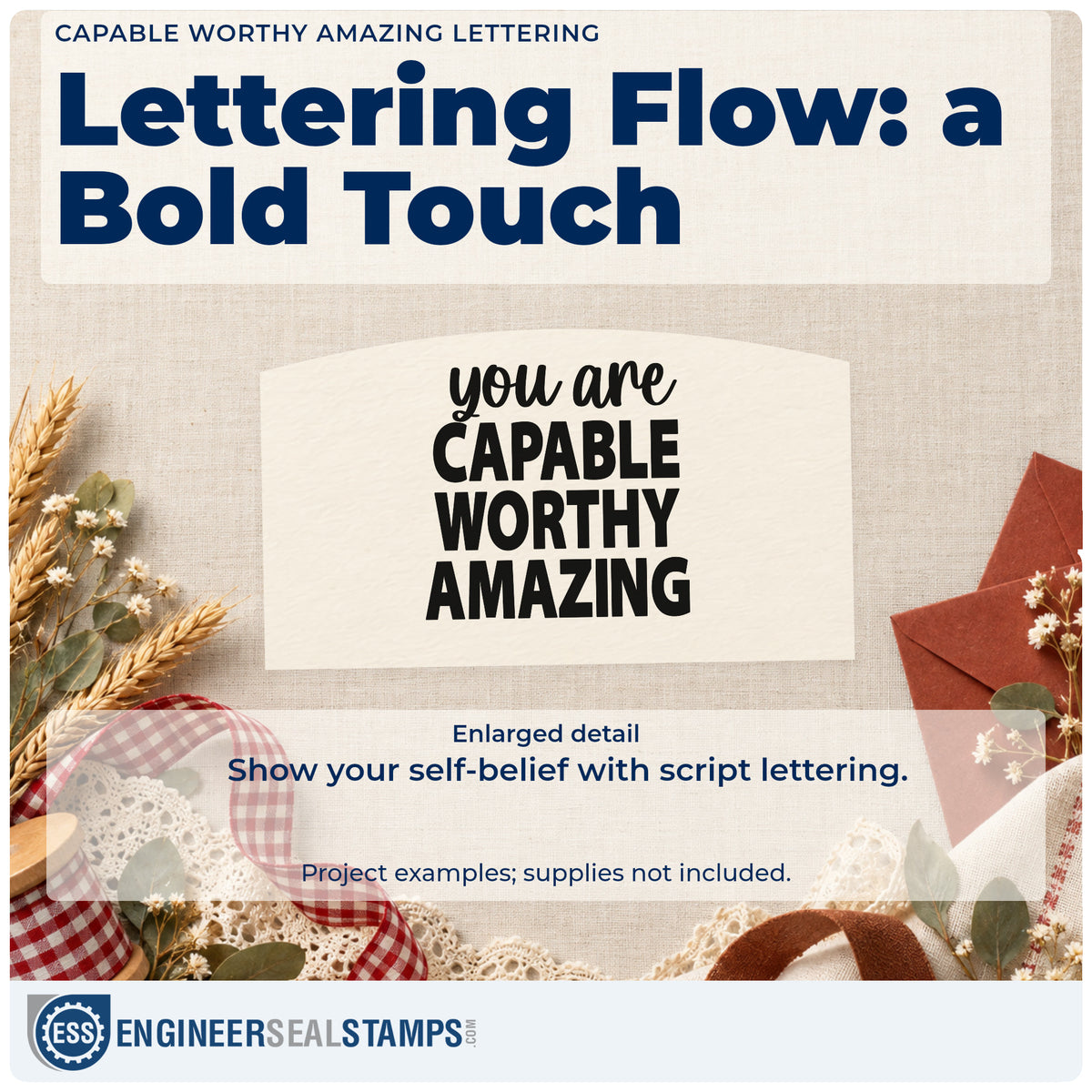Enlarged detail of the Duo Hand Capable Worthy Amazing Lettering Rubber Stamp imprint. The words "you are capable worthy amazing" appear in script above three bold capital lines.
