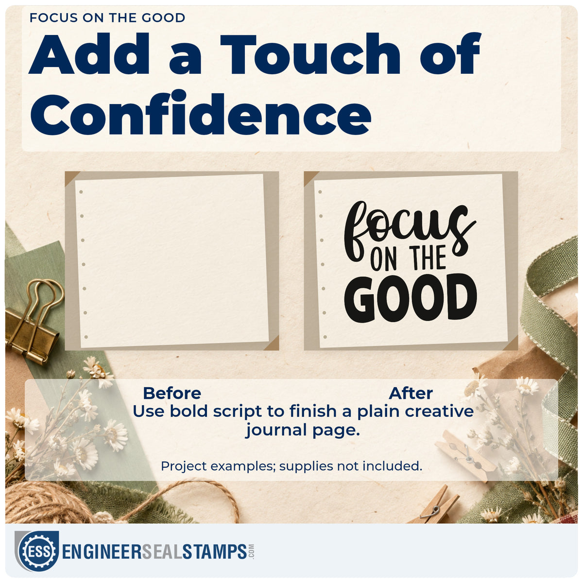 Before and after of a plain item finished with the Focus On The Good Brush Lettering Rubber Stamp – Duo Hand, a quick upgrade for framed dinner nook.