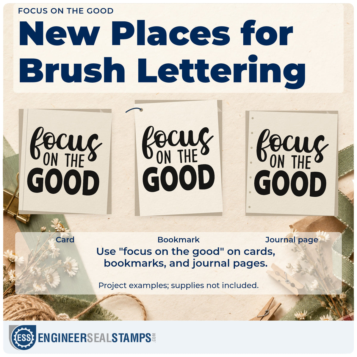Three project examples made with the Focus On The Good Brush Lettering Rubber Stamp – Duo Hand, including meal plan sheet.