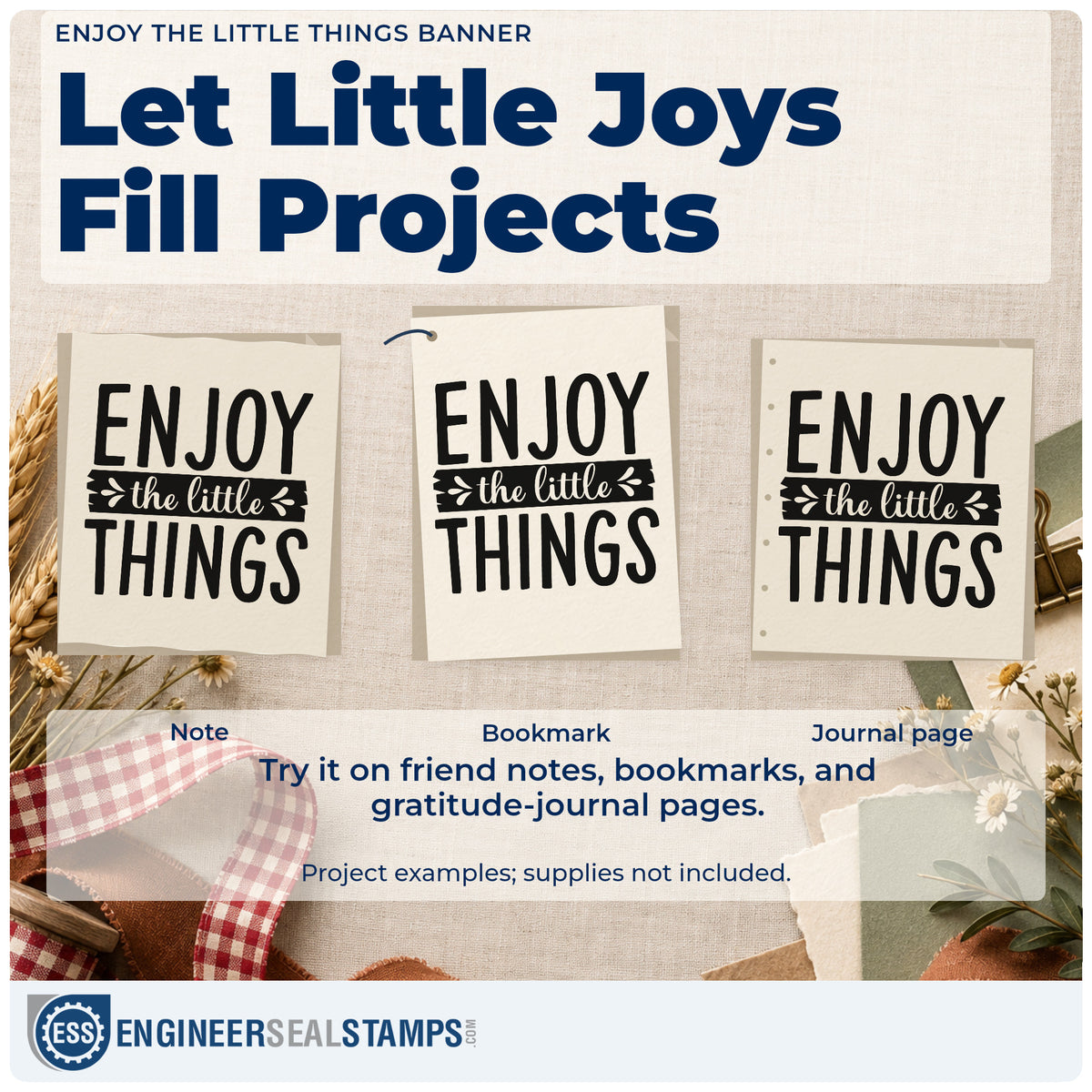 Three project examples made with the Enjoy The Little Things Banner Hand Stamp – Duo, including sighting log sheet.