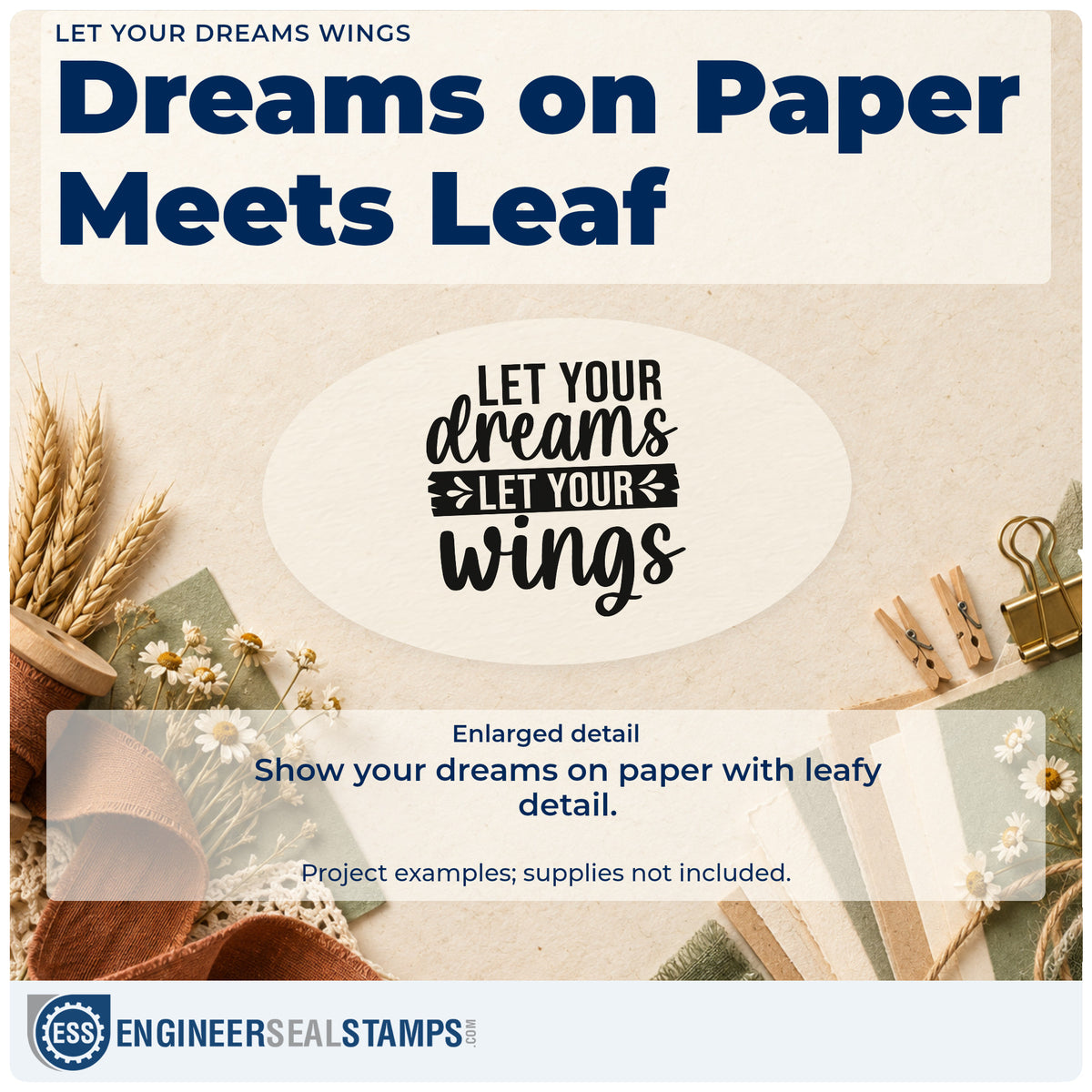 Enlarged detail of the Leafy Banner With Dreams And Wings Stamp – Premium Vintage Pro Wooden imprint. The visible words "Let your dreams let your wings" appear in mixed lettering with a dark leafy banner.