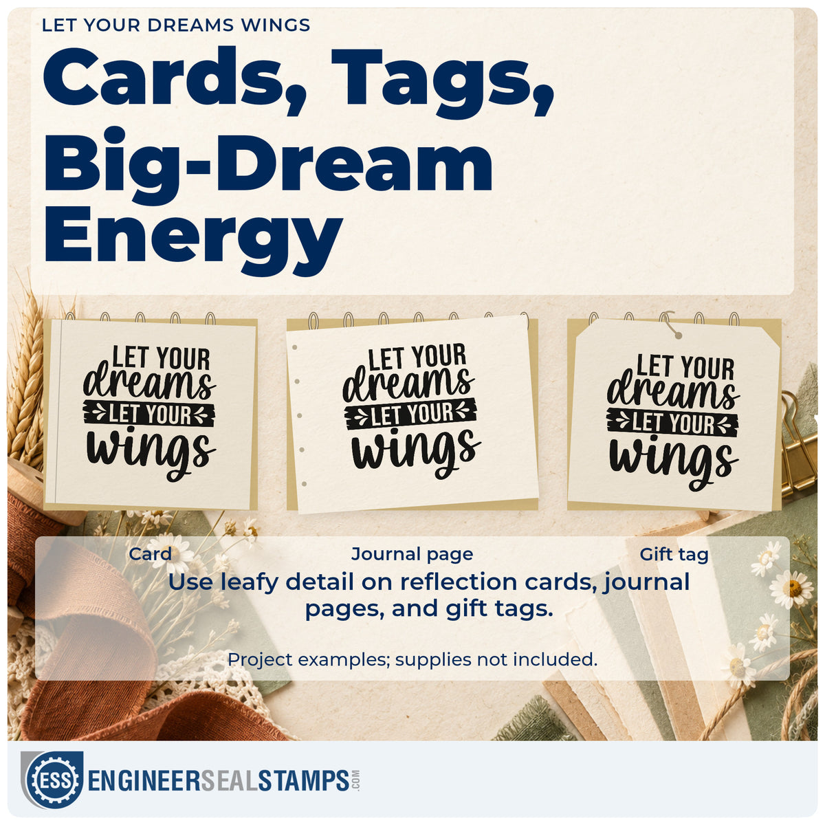Three project examples made with the Leafy Banner With Dreams And Wings Stamp – Premium Vintage Pro Wooden, including bloom sequence sheet.