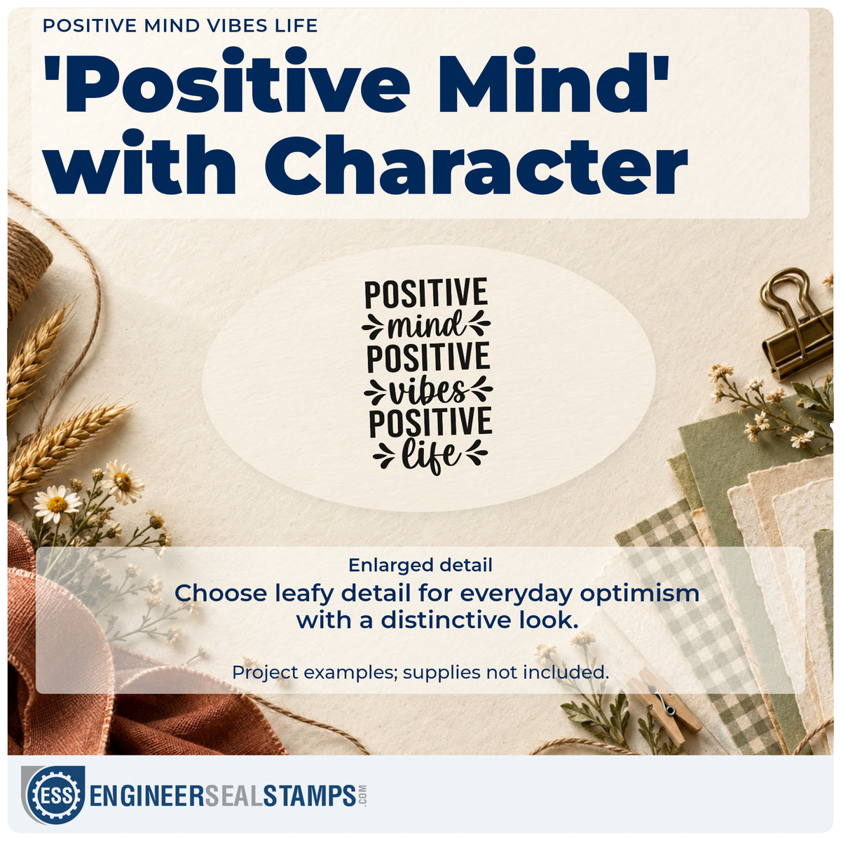 Enlarged detail of the Positive Mind Vibes Life Premium Wooden Stamp – Vintage Pro imprint. The phrases "Positive mind," "positive vibes," and "positive life" stack in capitals and script with leafy accents.