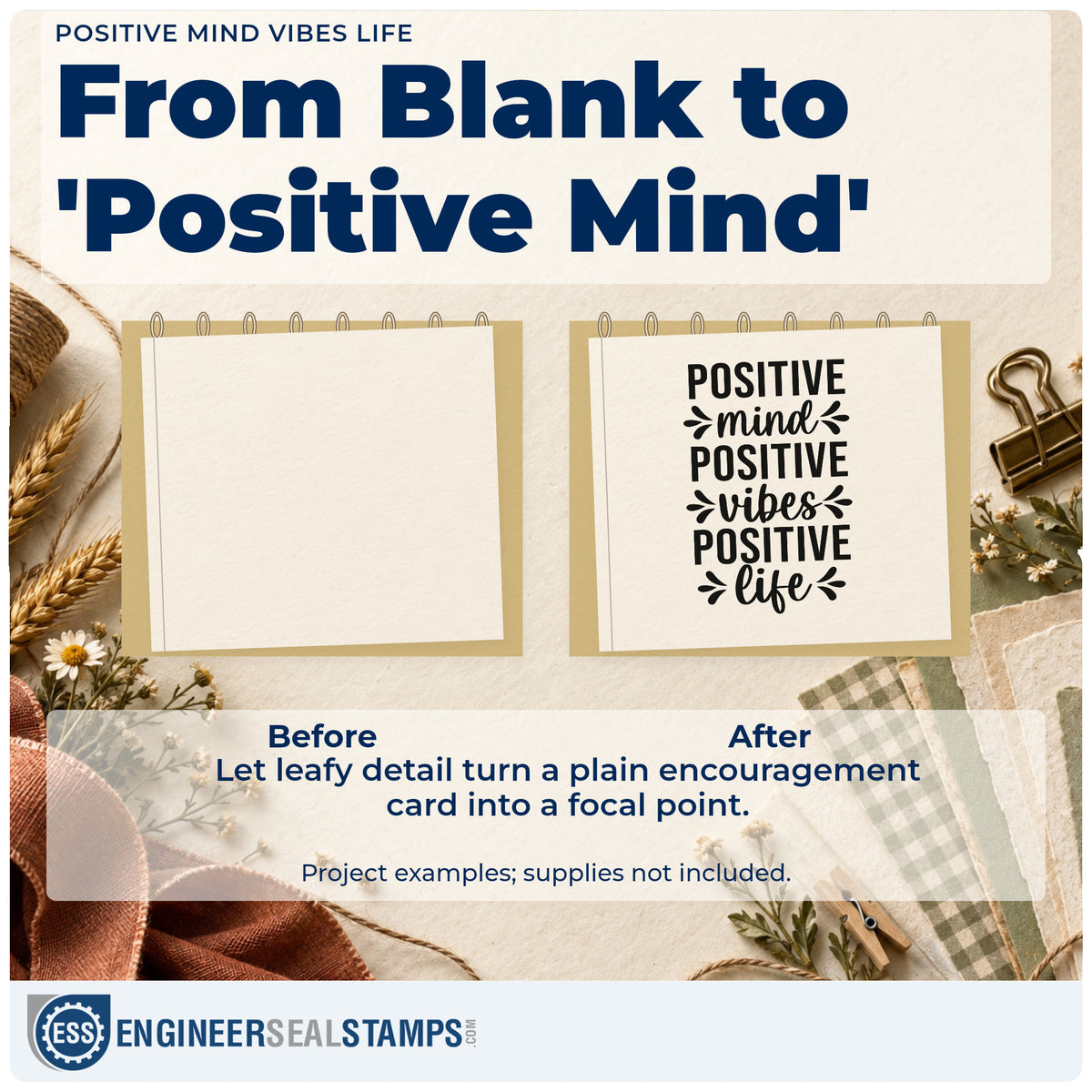 Before and after of a plain item finished with the Positive Mind Vibes Life Premium Wooden Stamp – Vintage Pro, a quick upgrade for framed fridge side.
