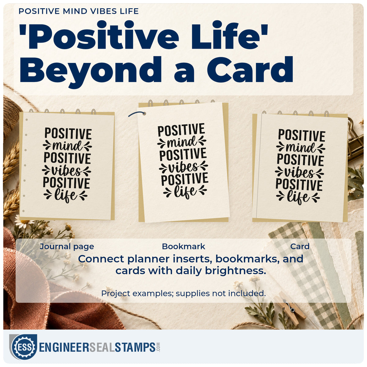 Three project examples made with the Positive Mind Vibes Life Premium Wooden Stamp – Vintage Pro, including week menu sheet.