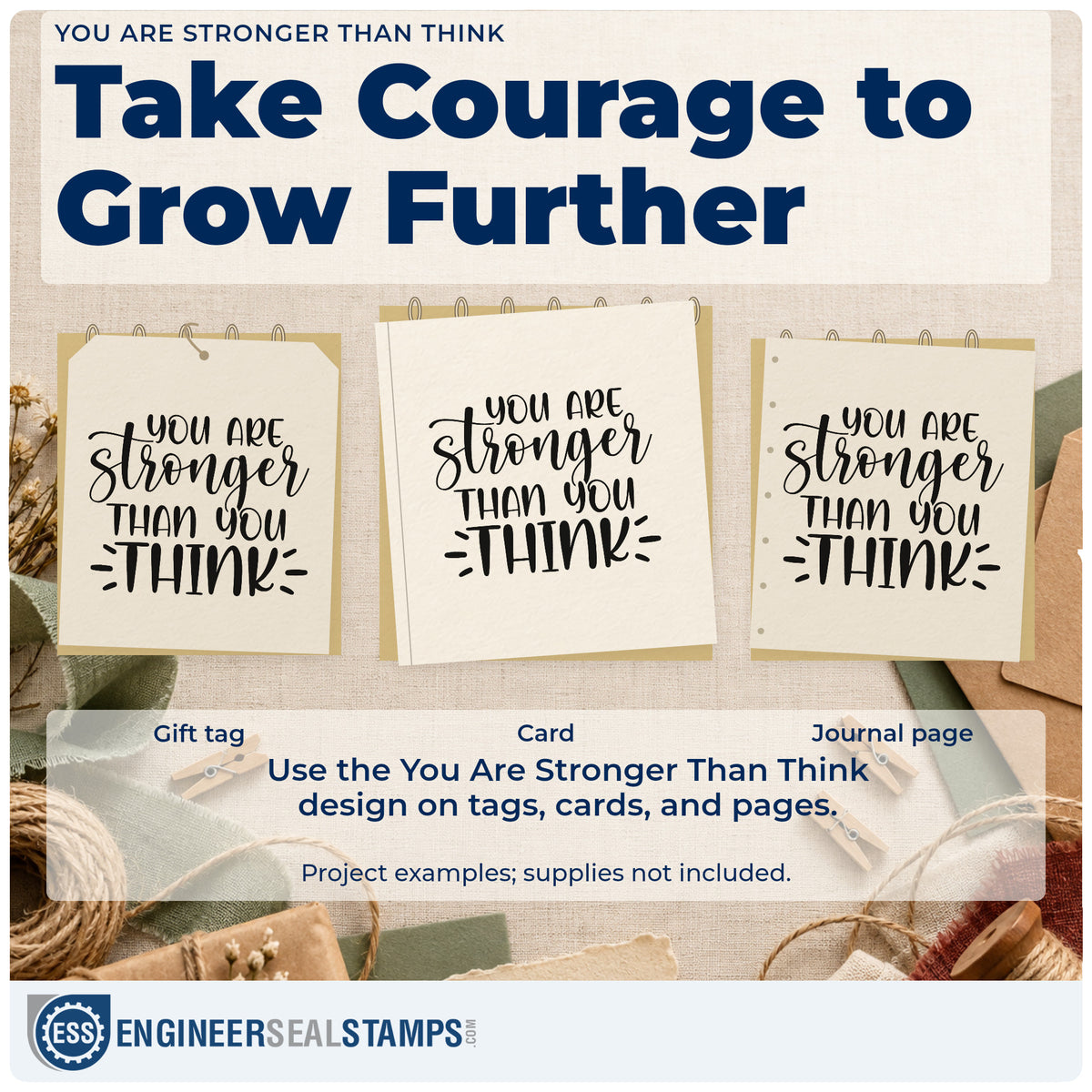 Three project examples made with the You Are Stronger Than Think Lettering Rubber Stamp – Duo Hand, including obstacle drill sheet.