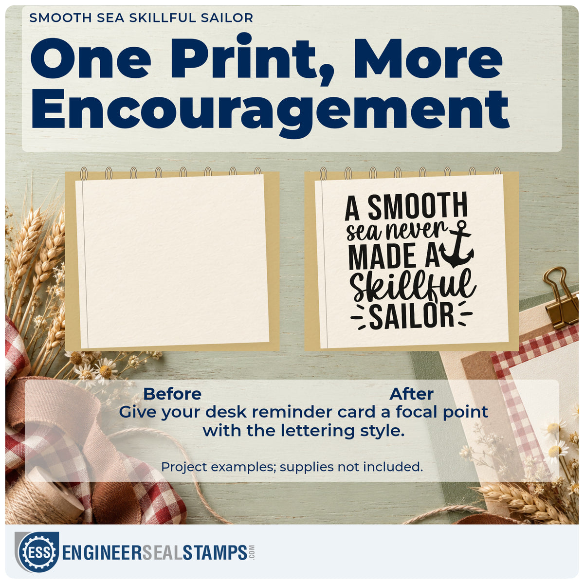Before and after of a plain item finished with the A Smooth Sea Never Made A Skillful Sailor Premium Wood-Mounted Stamp – Vintage Pro, a quick upgrade for framed club bar.