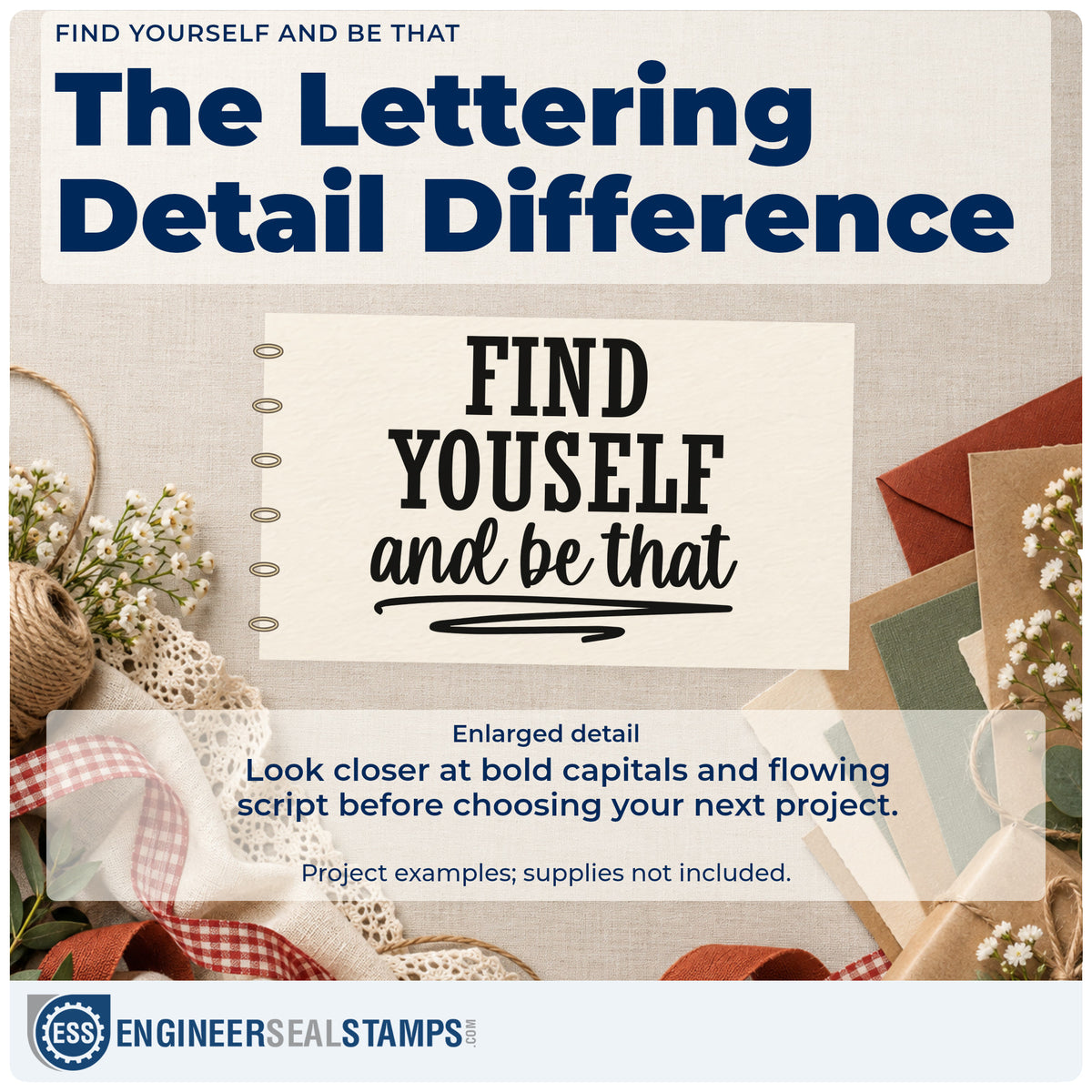 Enlarged detail of the Find Yourself And Be That Script Lettering Stamp – Duo Hand imprint. The words "Find yourself and be that" appear in capitals and script above rough underlines.