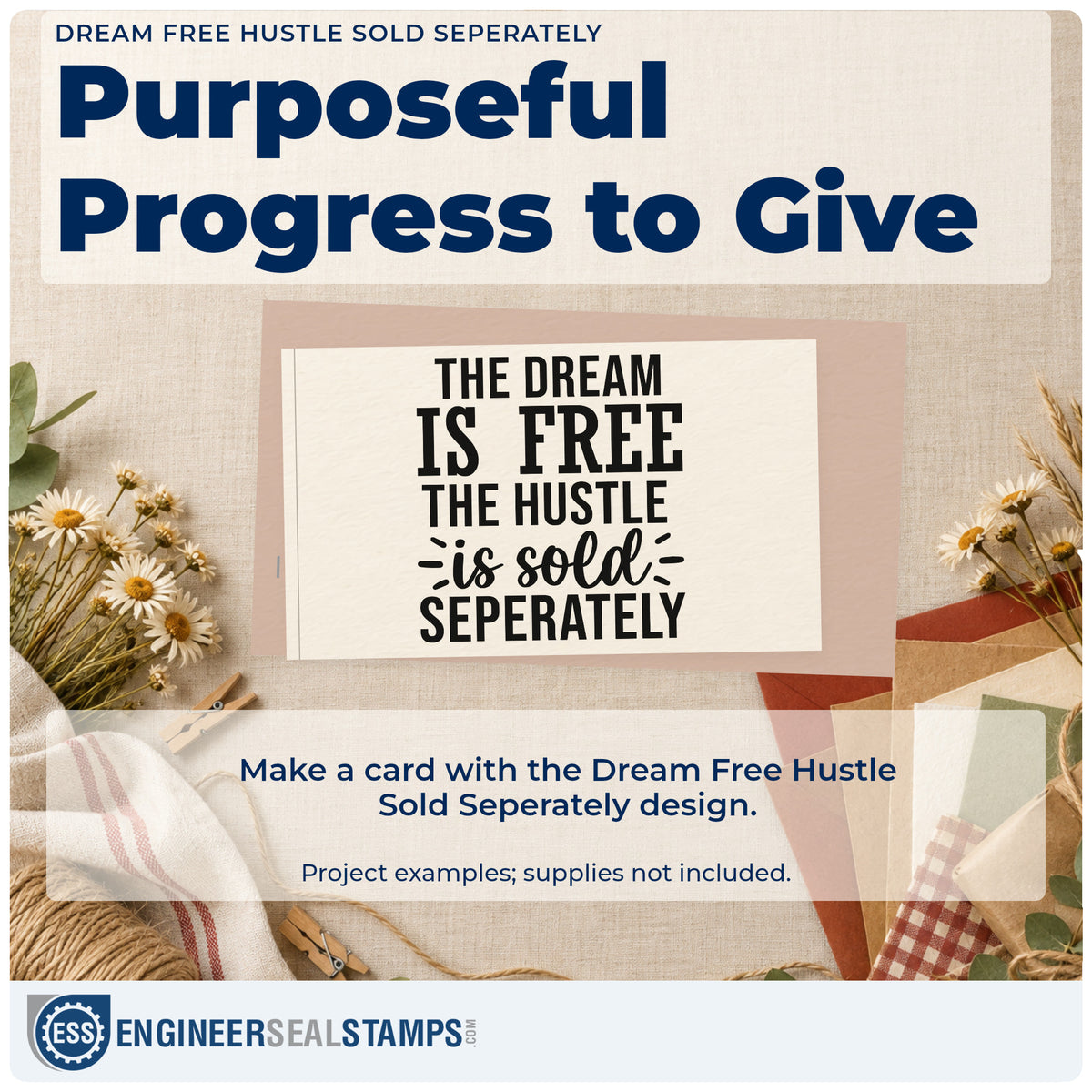 A finished handmade project stamped with the Dream Is Free Hustle Word Art Premium Wood-Mounted Stamp – Vintage Pro, ideal for side shop album page.