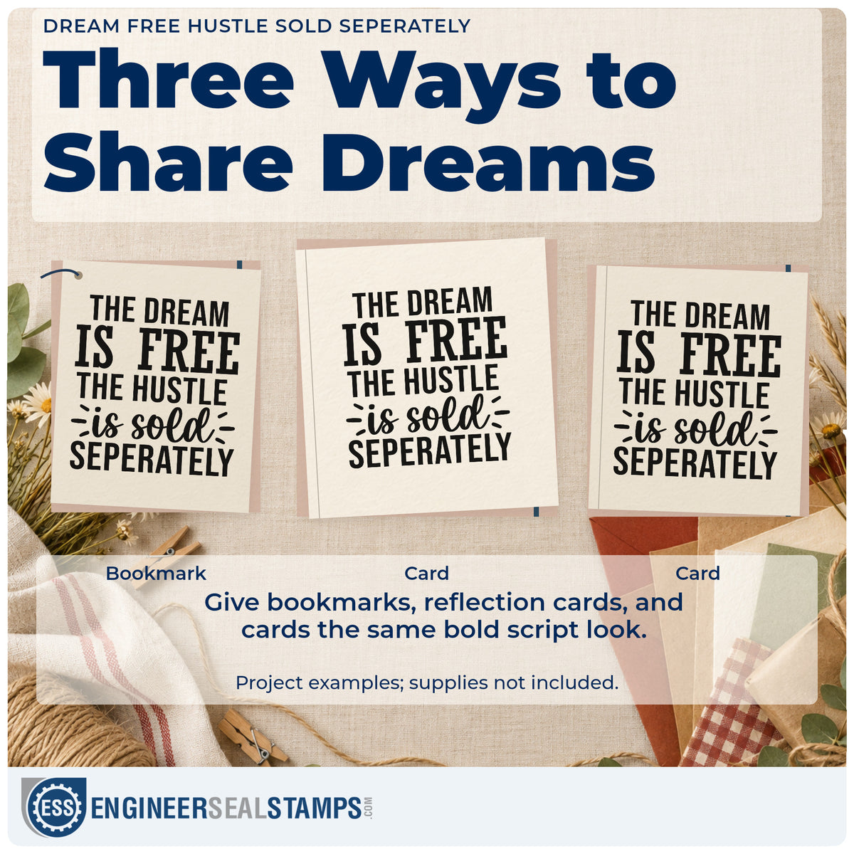 Three project examples made with the Dream Is Free Hustle Word Art Stamp – Self-Inking, including evening work sheet.