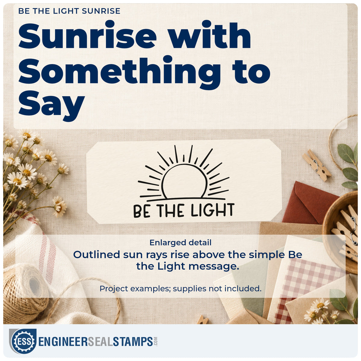 Enlarged detail of the Be The Light Sunrise Linework Rubber Stamp – Duo Hand imprint. An outlined rising sun with radiating rays appears above "Be the light."