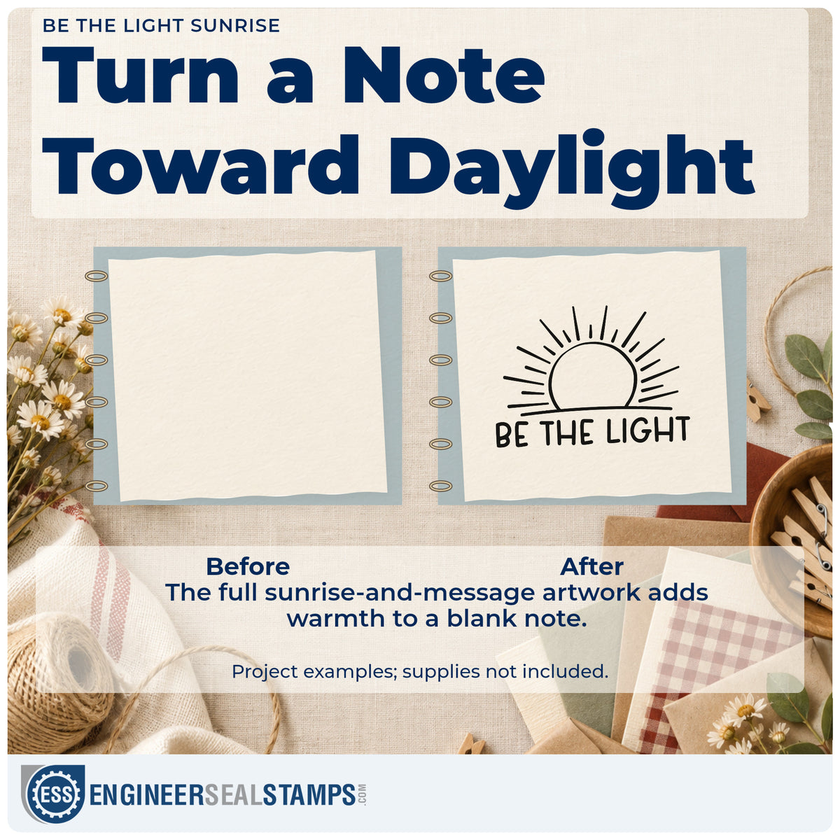 Before and after of a plain item finished with the Be The Light Sunrise Linework Rubber Stamp – Duo Hand, a quick upgrade for framed meet point.