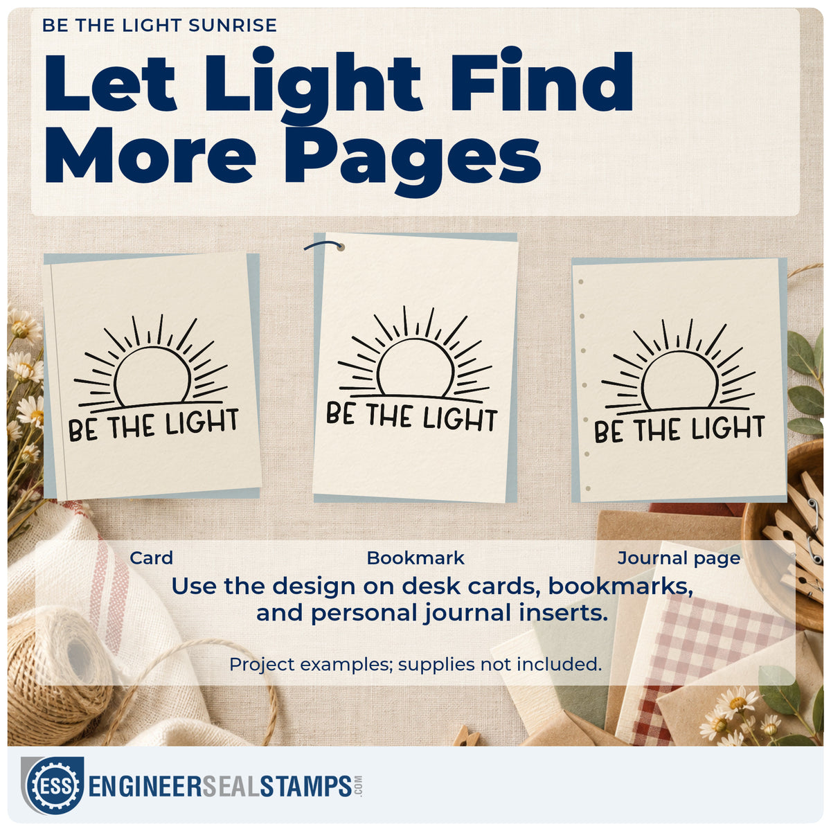 Three project examples made with the Be The Light Sunrise Linework Rubber Stamp – Duo Hand, including weekly route sheet.