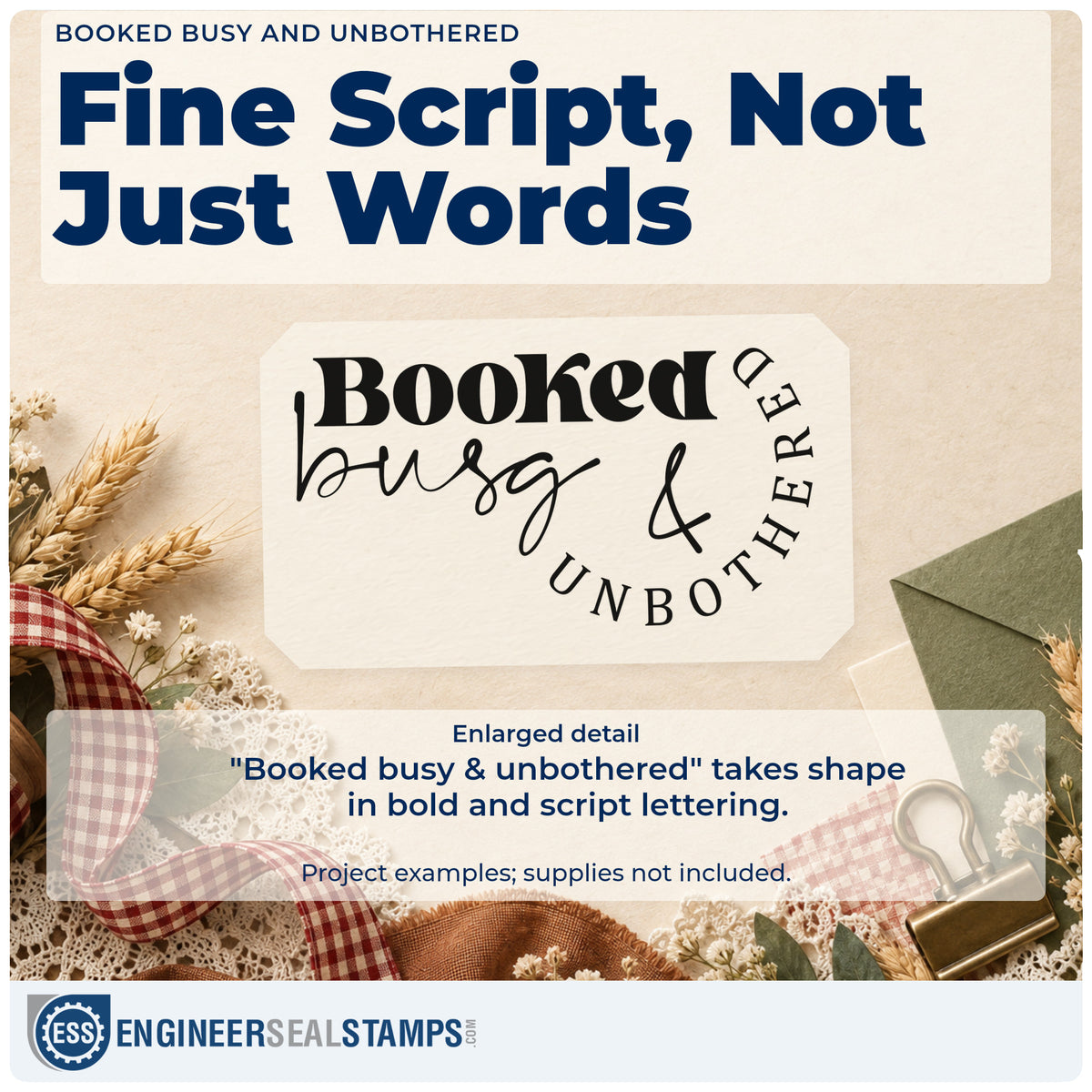 Enlarged detail of the Slim Pre-Inked Booked Busy & Unbothered Script Lettering Stamp imprint. The words "Booked busy & unbothered" combine bold letters and fine script in a curved arrangement.