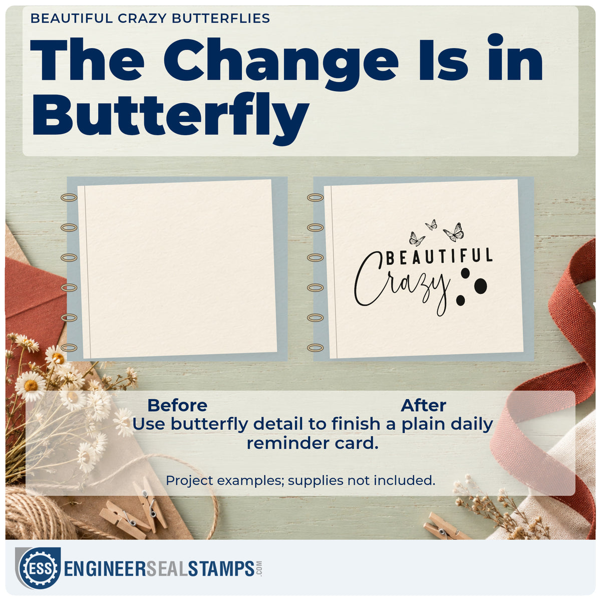 Before and after of a plain item finished with the Beautiful Crazy Butterflies Lettering Rubber Stamp – Wood Handle, a quick upgrade for framed rental hall.