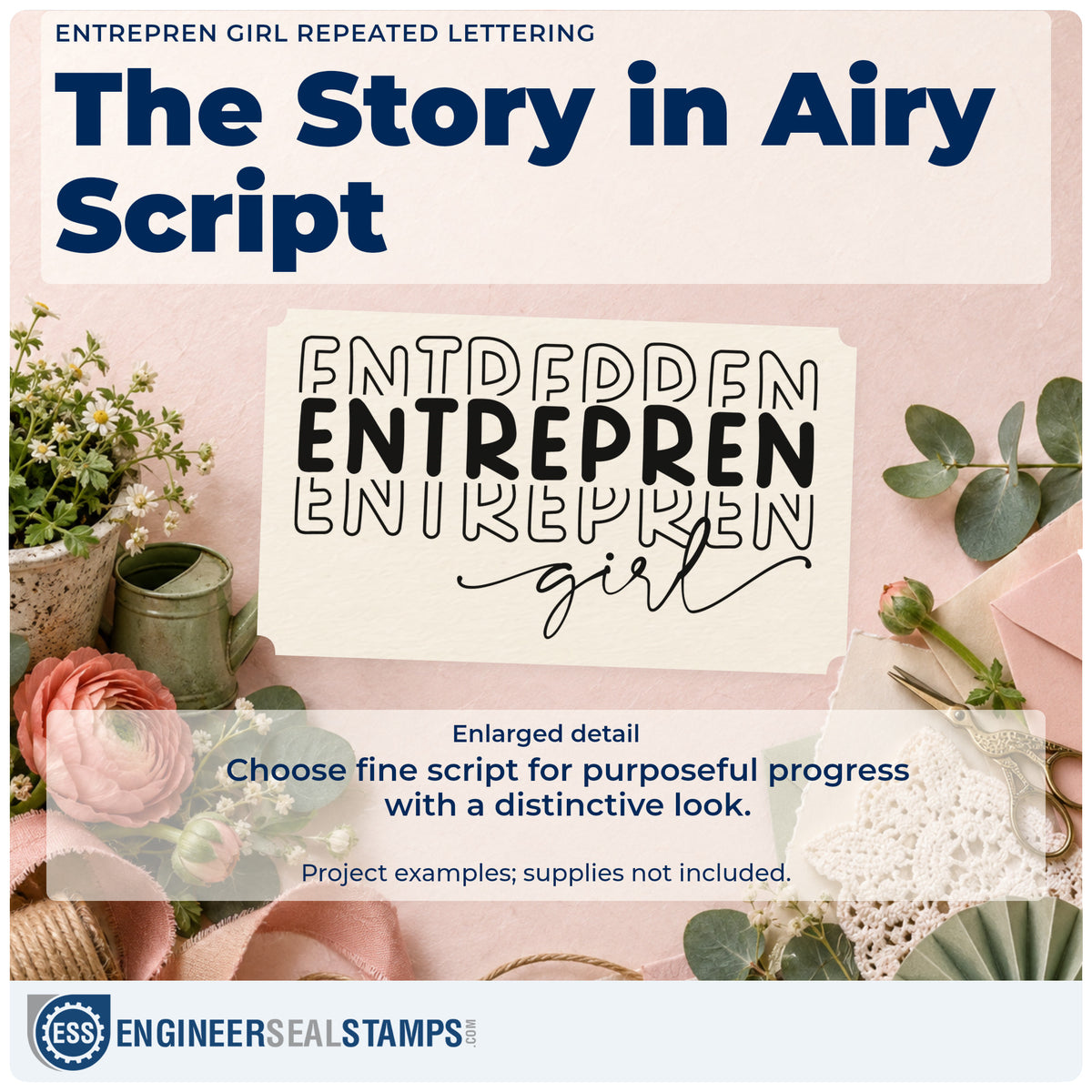 Enlarged detail of the Duo Hand Outlined Capitals And Girl Script Rubber Stamp imprint. The truncated word "ENTREPREN" repeats in outlined and bold capitals above the thin script word "girl."