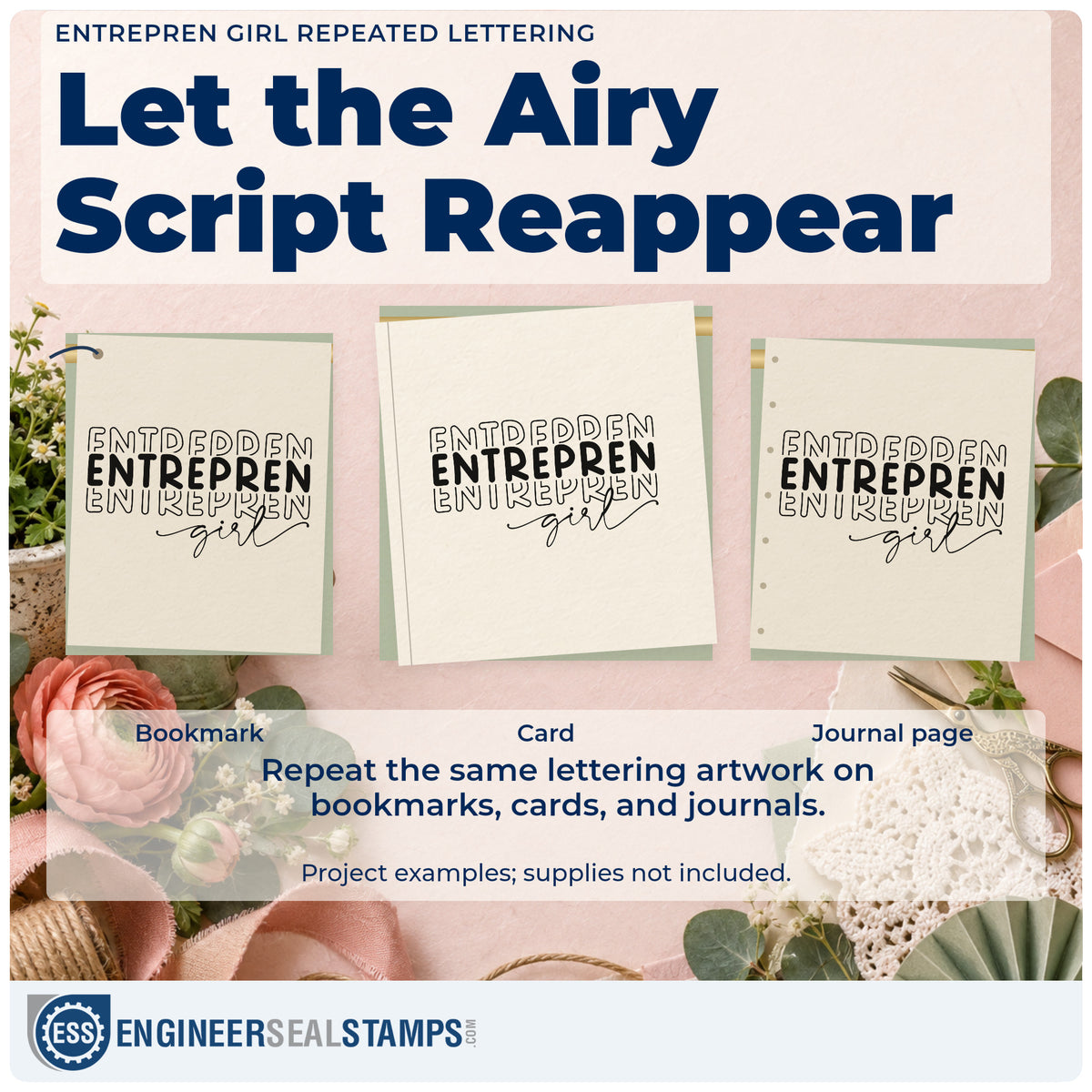 Three project examples made with the Outlined Capitals And Girl Script Stamp – Premium Vintage Pro Wooden, including curation plan sheet.