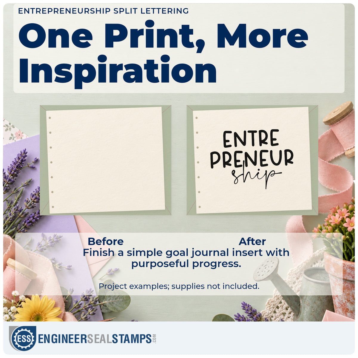 Before and after of a plain item finished with the Entrepreneurship Split Word Art Premium Wooden Stamp – Vintage Pro, a quick upgrade for framed loading door.