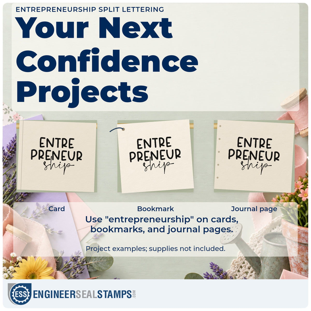 Three project examples made with the Entrepreneurship Split Word Art Slim Pre-Inked Stamp, including pick pack sheet.