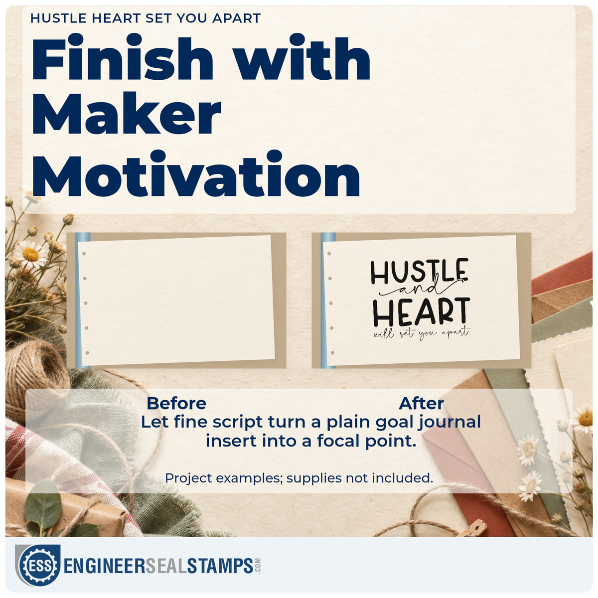 Before and after of a plain item finished with the Hustle Heart Set You Apart Slim Pre-Inked Stamp, a quick upgrade for framed prep kitchen.