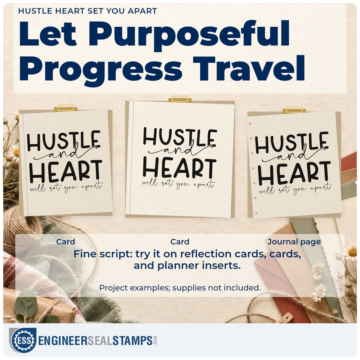 Three project examples made with the Hustle Heart Set You Apart Stamp – Duo Hand, including event prep sheet.